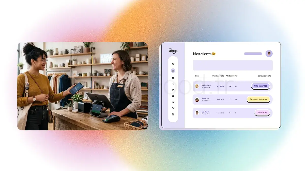 Une cliente présente son smartphone à une restauratrice pour valider ses points, à côté de l'interface CRM Hey Pongo affichant le profil mes clients.