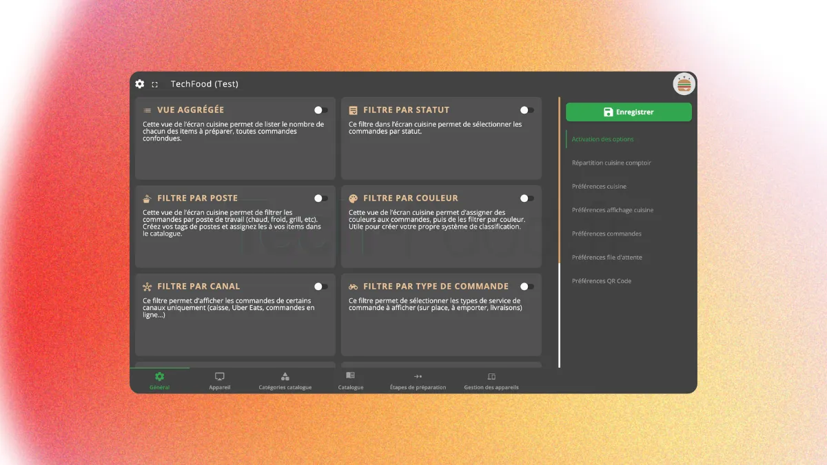 Menu de configuration des filtres par poste, canal et statut de commande sur le KDS TickNCook