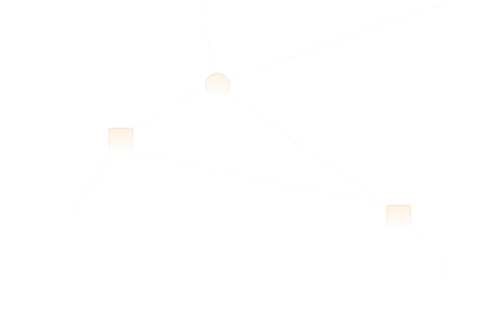 Minimalist network diagram with orange circles and squares connected by thin white lines on black background.