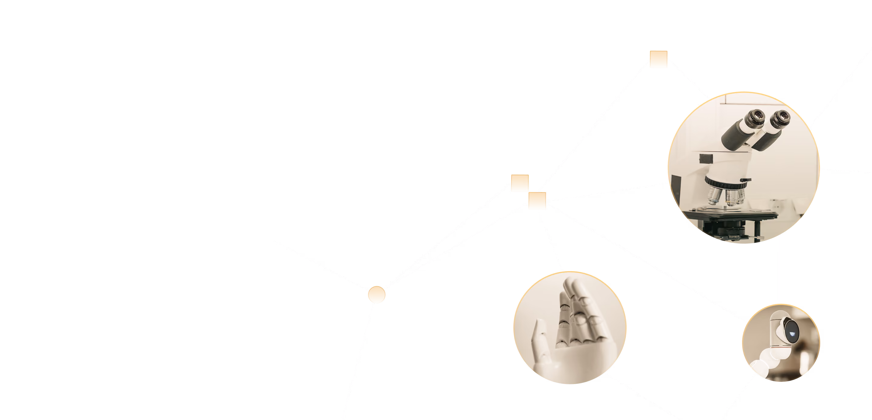 Microscope, robotic hand, and a robotic arm shown within connected circular frames on a black background.