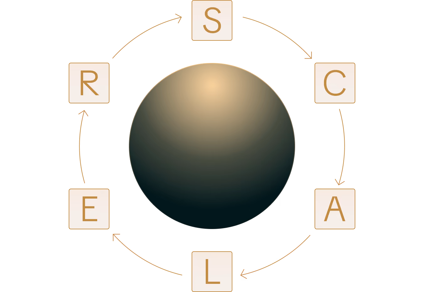 Circular diagram with six letters in boxes arranged clockwise around a shaded sphere: S, C, A, L, E, R, connected by arrows forming a continuous loop.
