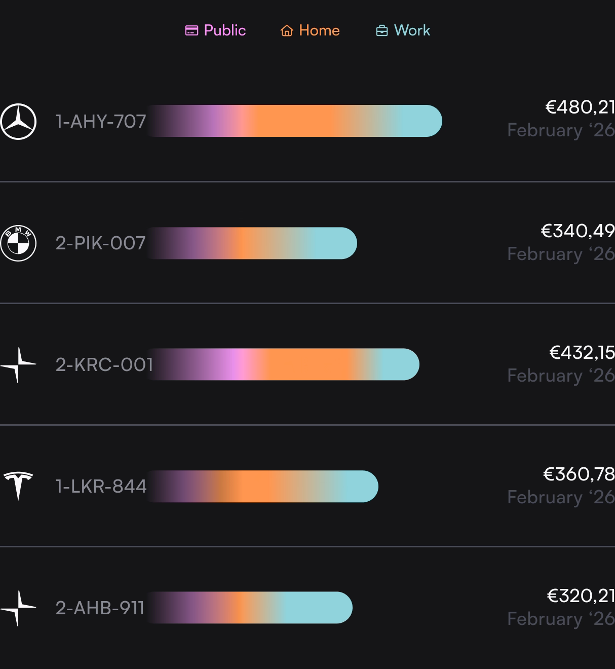 Charging costs per vehicle for February, split into public, home and work charging