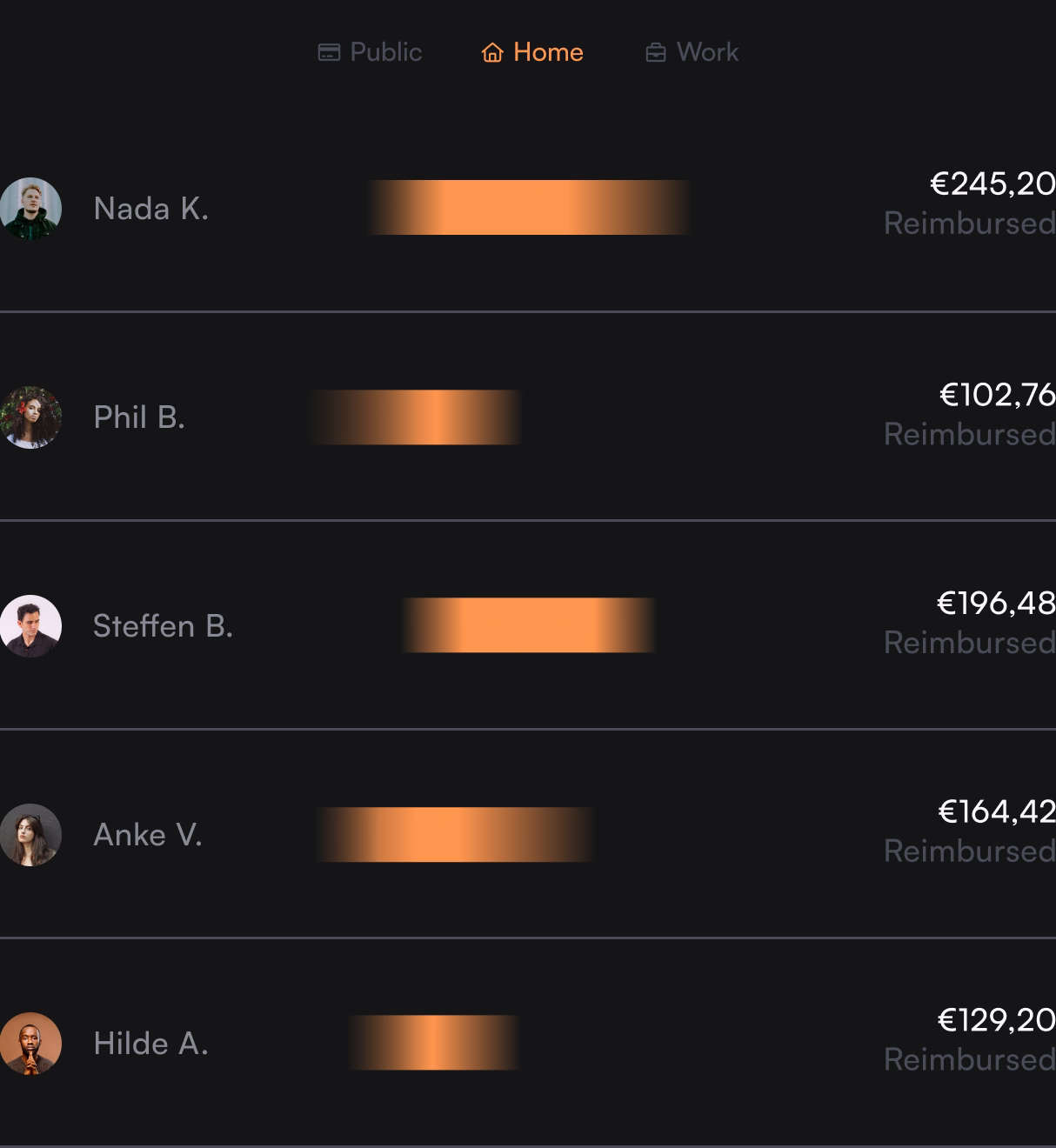Home charging amounts for five drivers, each marked as reimbursed
