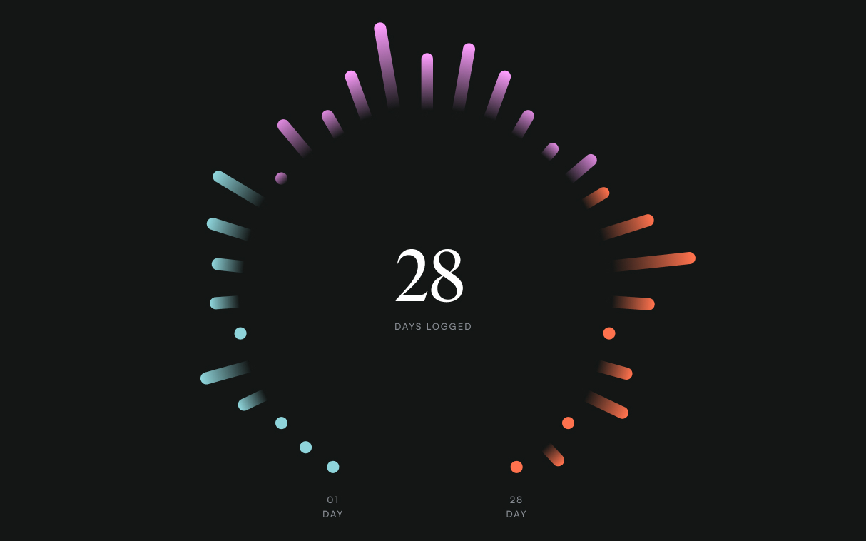Graphique circulaire affichant 28 jours de recharge enregistrés, du jour 1 au jour 28