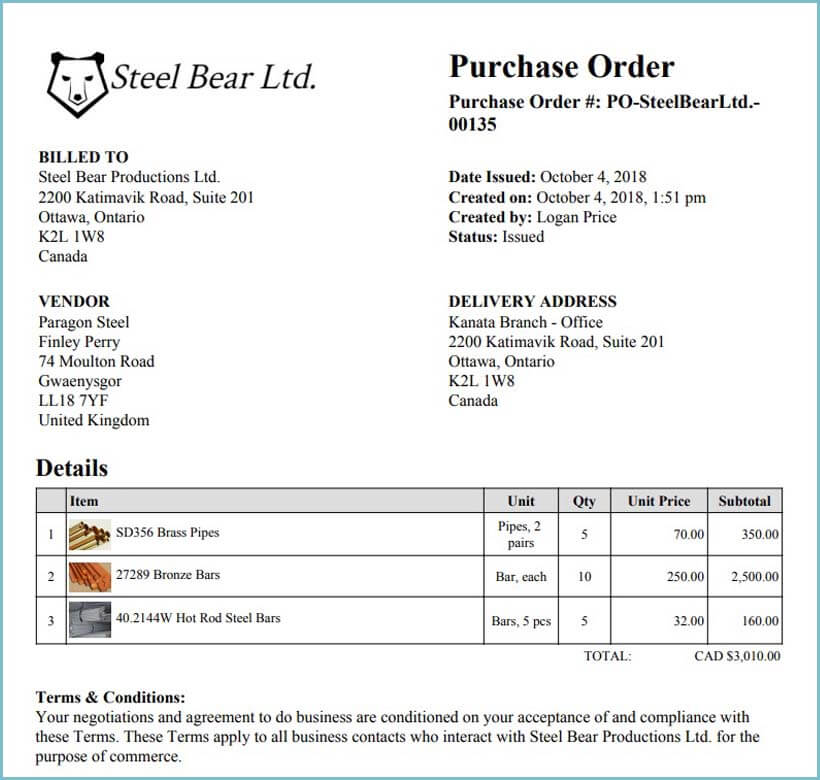 An example purchase order using sample data to populate different fields.