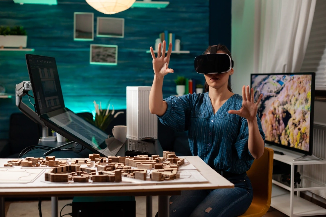 Woman with virtual reality headset to represent innovation driven by ESG demands.