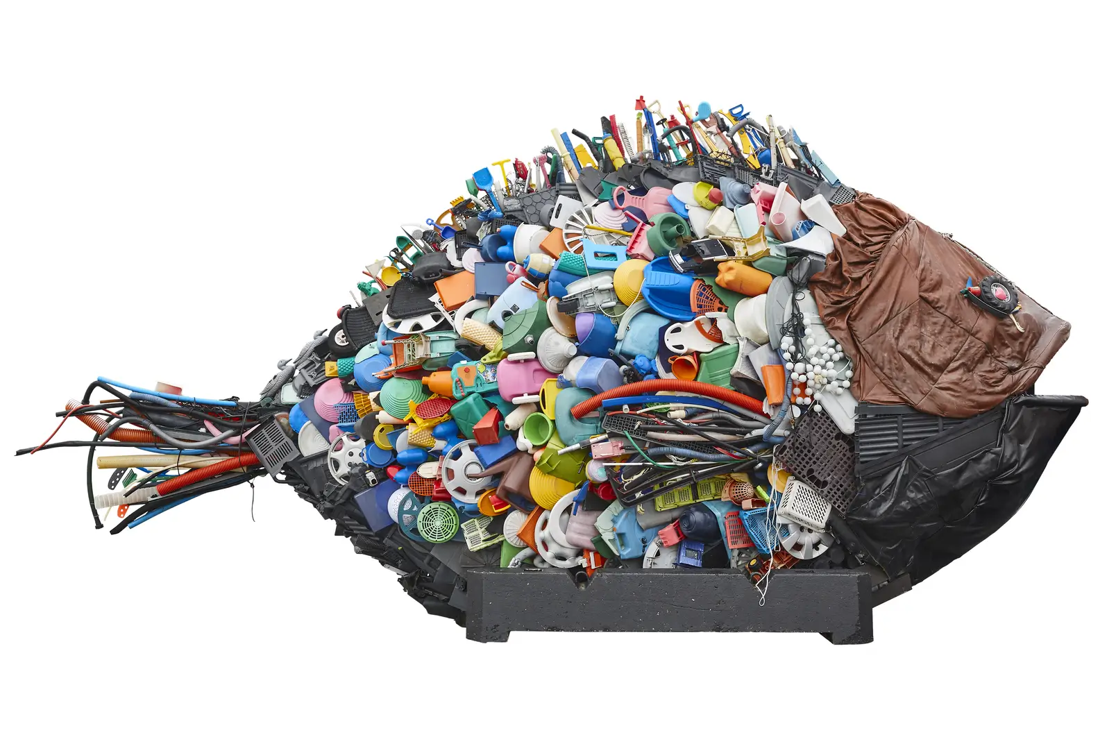A fish sculpture made of recycled goods to represent the importance of sustainable sourcing.