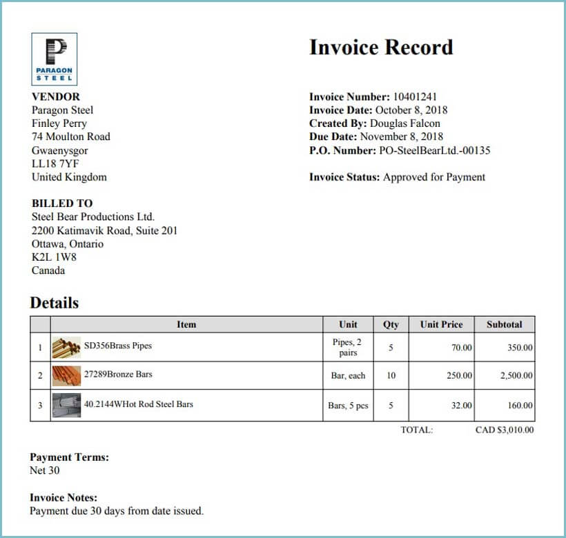 An example of what an invoice record looks like.