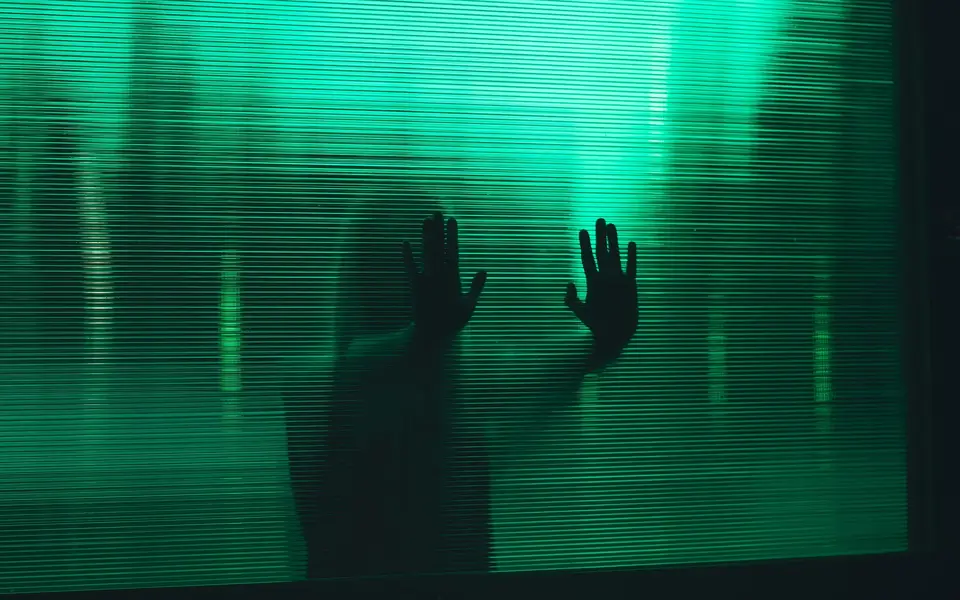 A woman behind an opaque window symbolizes the need for transparency in supply chain communication. 