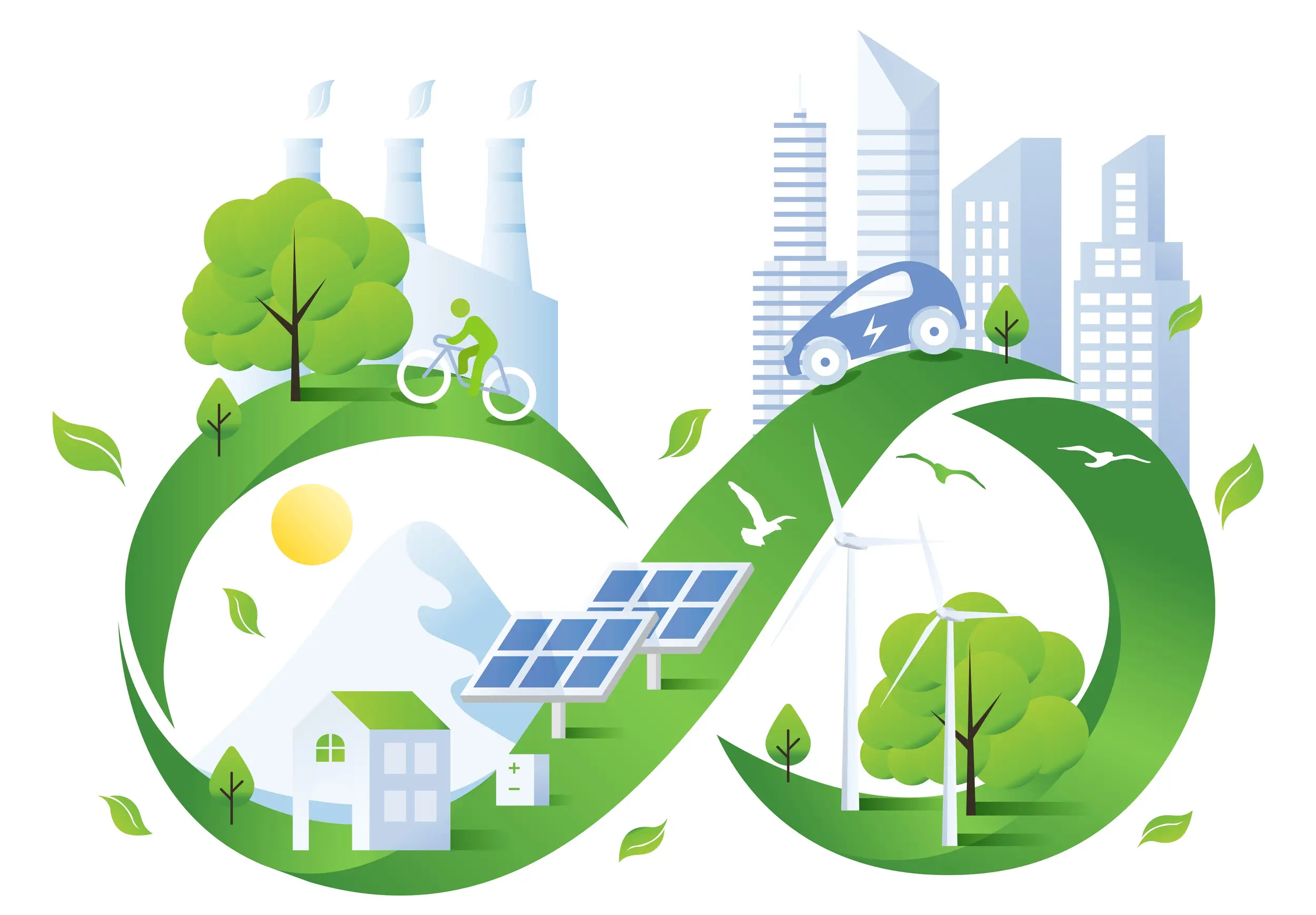 An illustrated visualization of circularity in the economy and the circular supply chain, using an infinity loop to represent circularity.