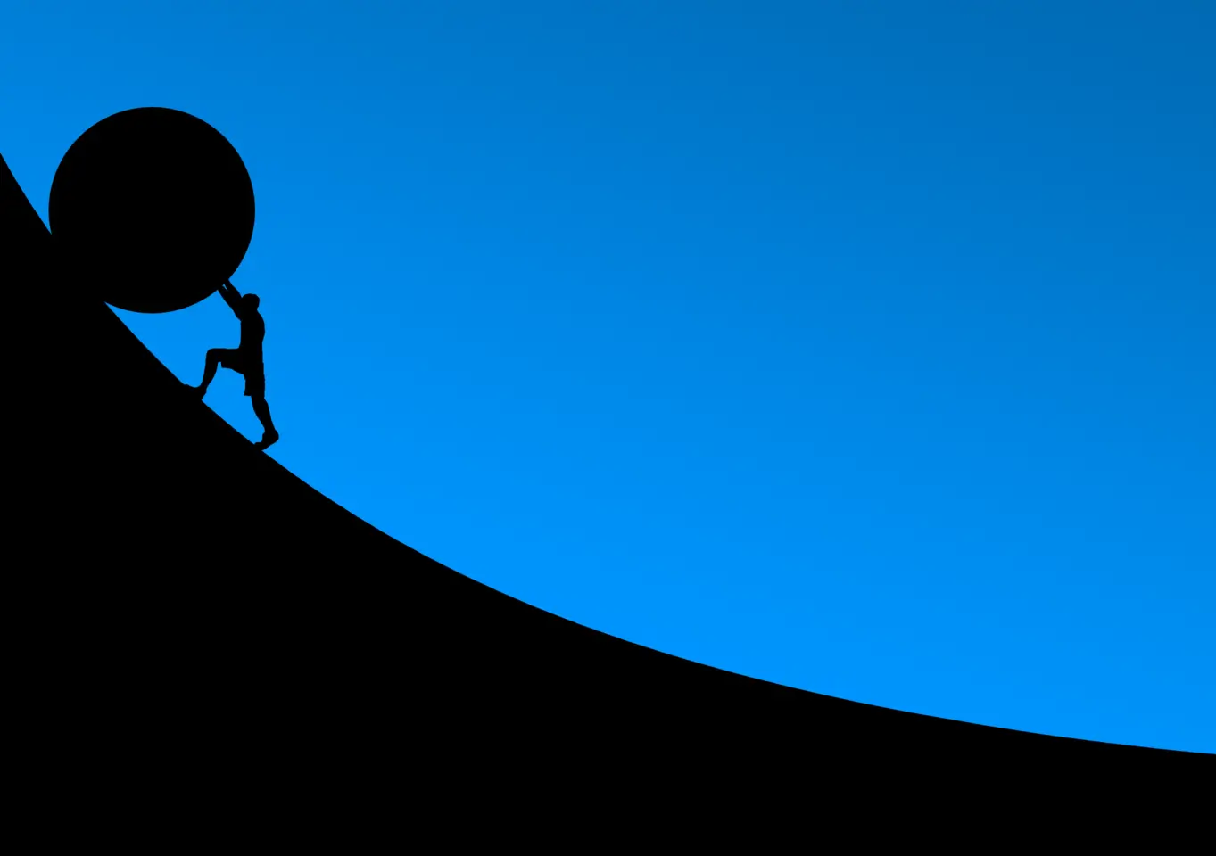 Silhouette of man pushing boulder up hill to represent the challenges that come with three-way matching.