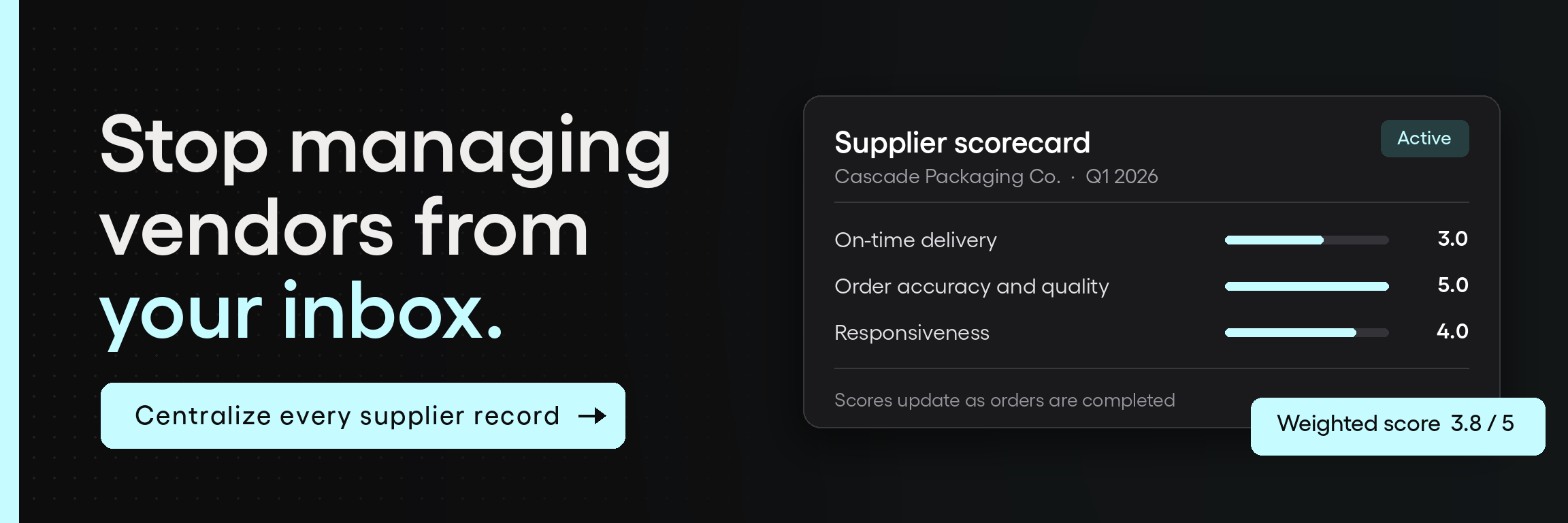 Tradogram supplier management: track delivery, quality, and responsiveness on a weighted supplier scorecard.