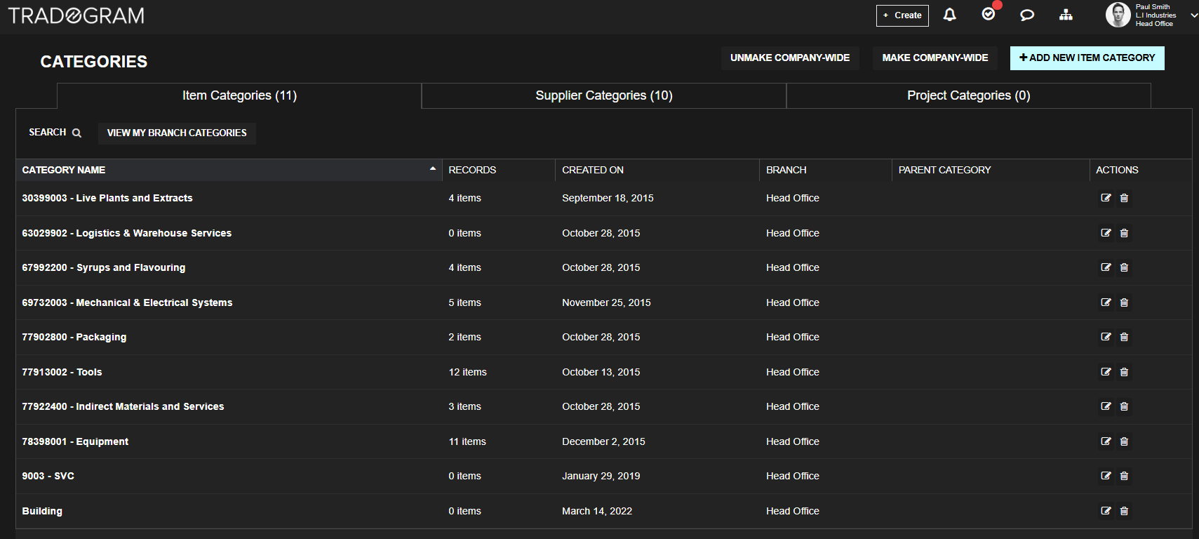 An example of the Item, Supplier, and Project Categories section inside Tradogram