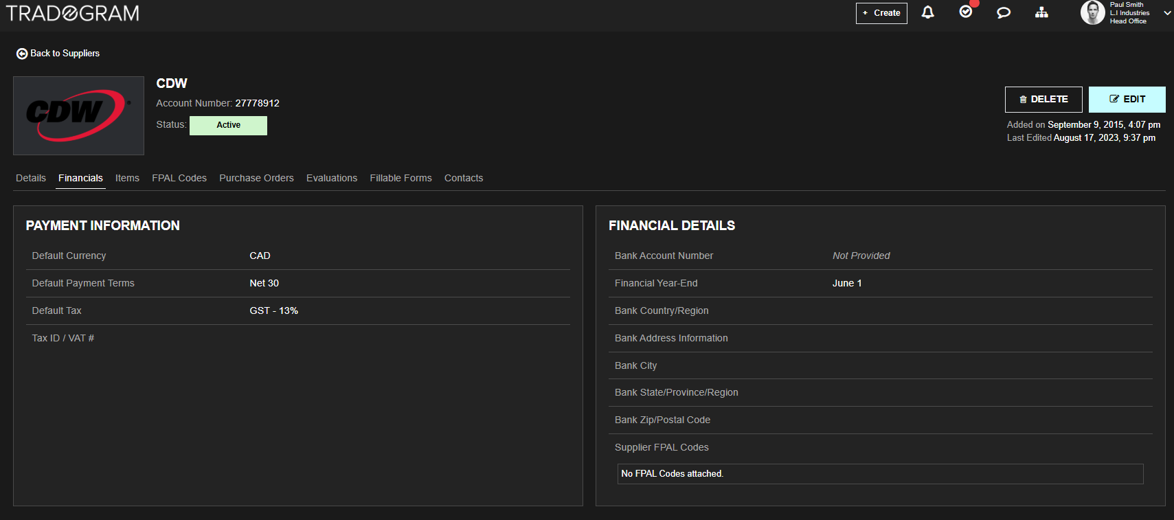 An example of the financial settings for each vendor inside Tradogram