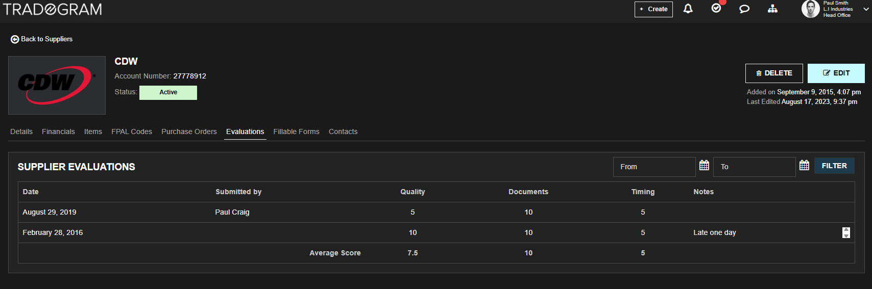 An example of vendor evaluations collected inside Tradogram