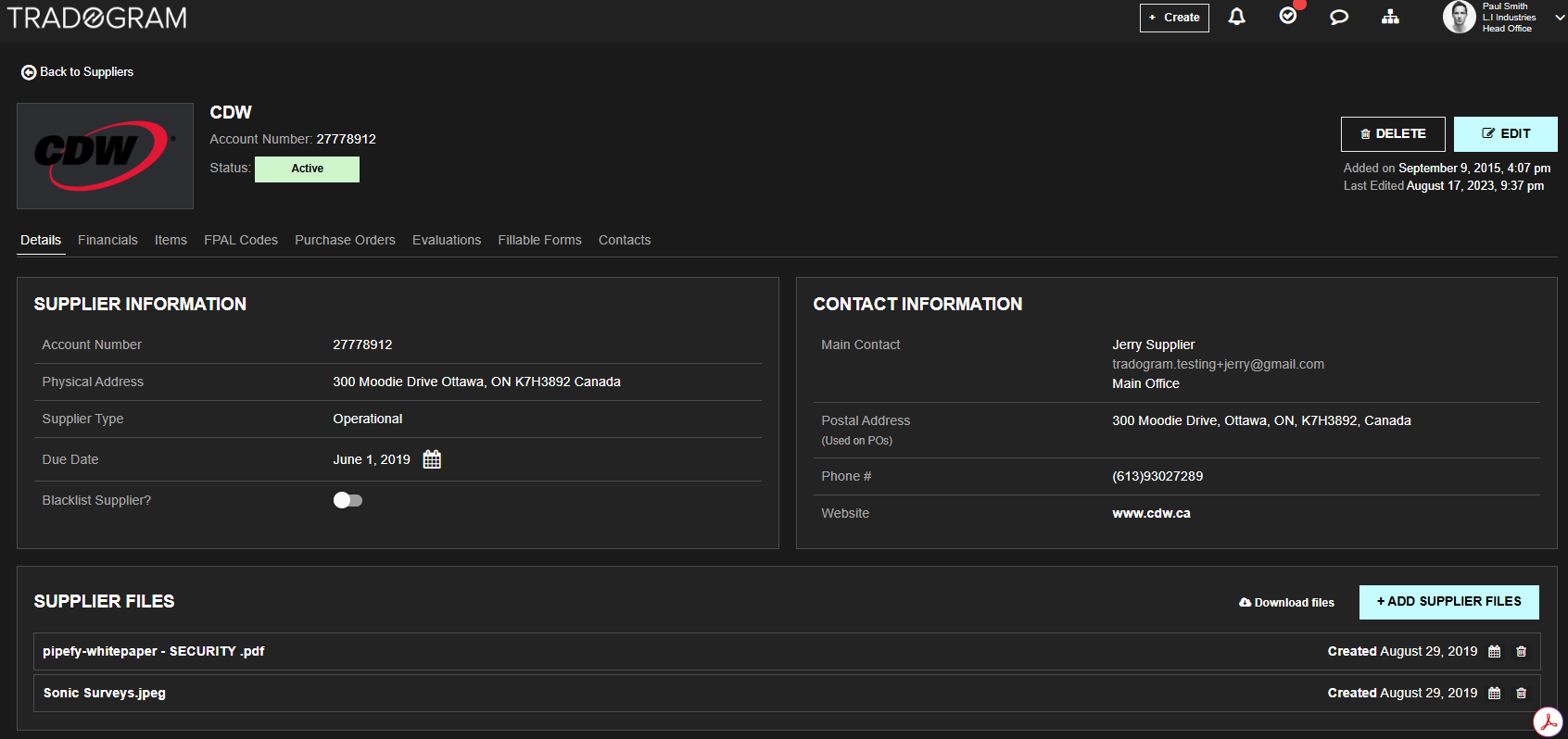 An example of the vendor files storage area inside Tradogram