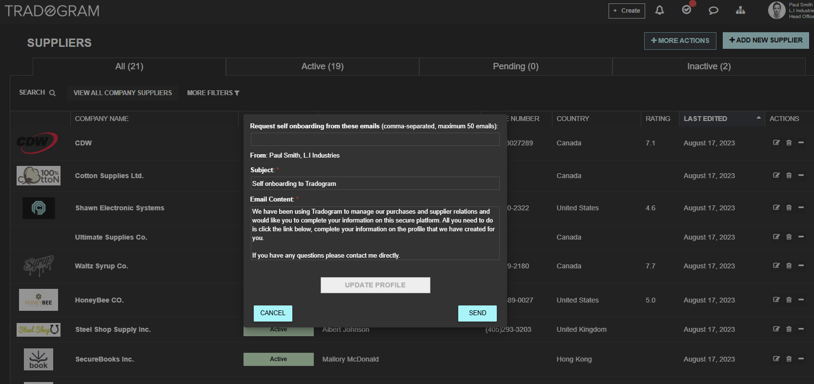 An example of the vendor self-onboarding process in Tradogram