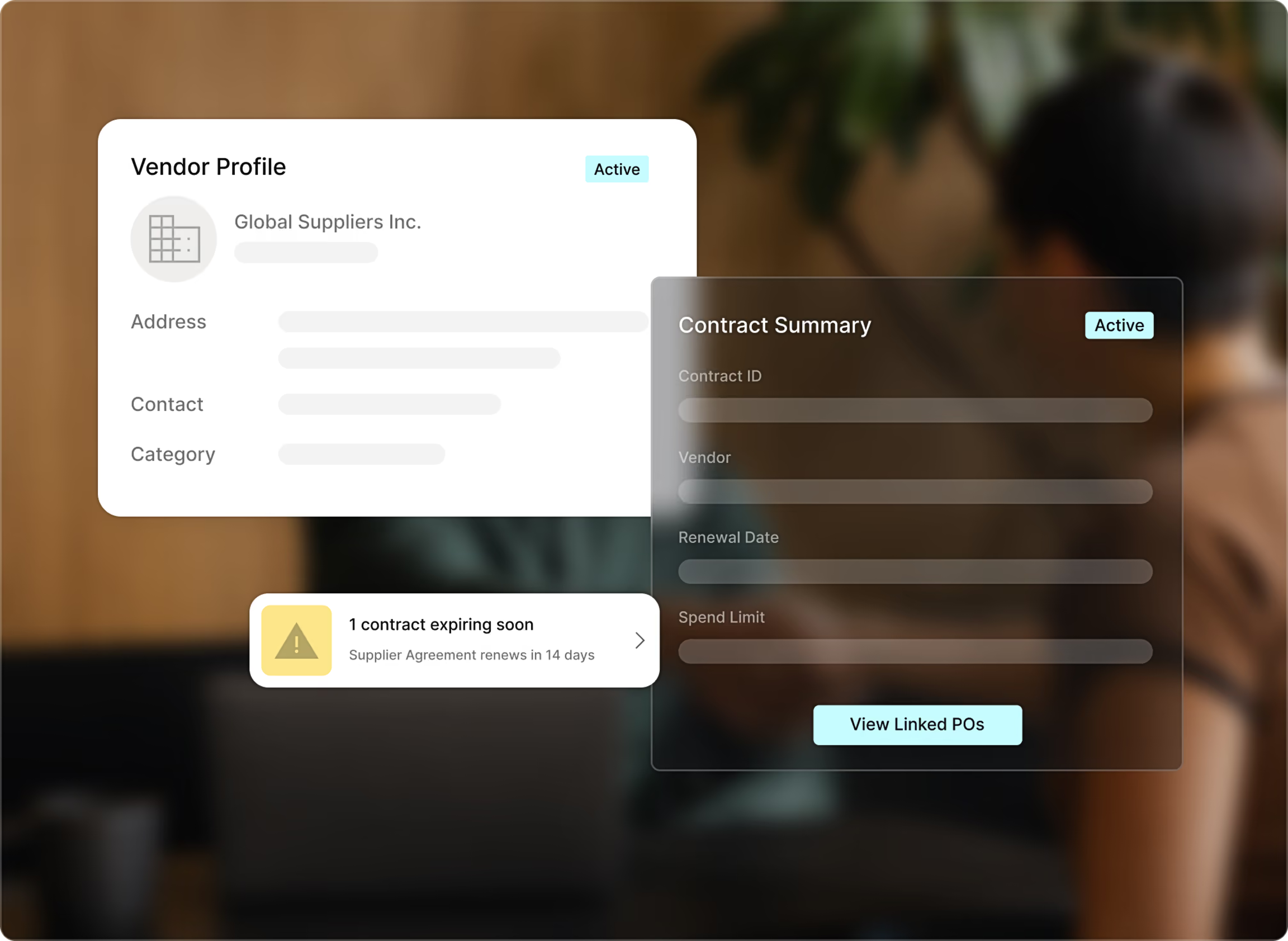 Stylized screenshot of Tradogram's contract management dashboard showing a contract renewal alert.