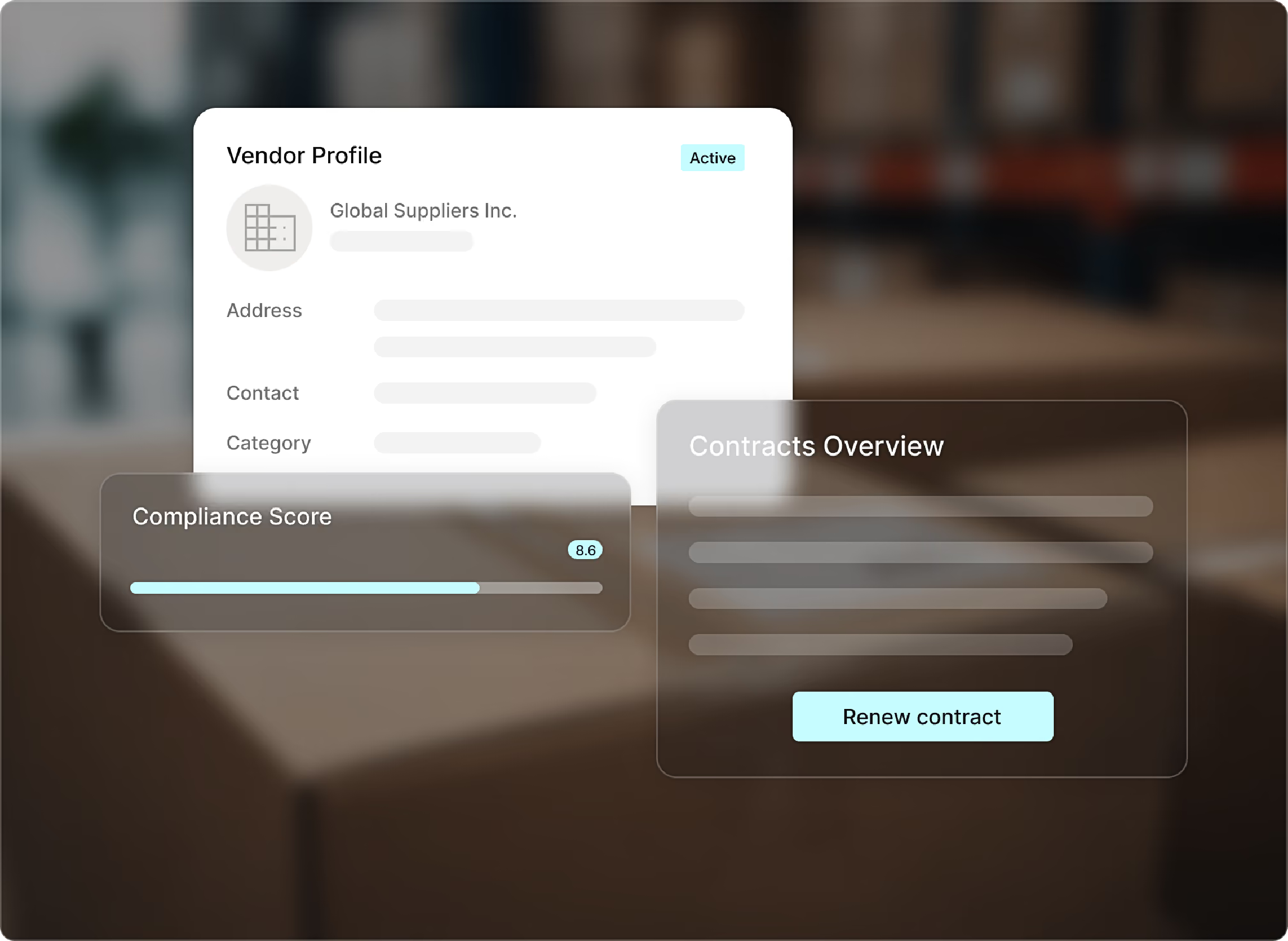 Stylized screenshot of a Tradogram supplier record showing vendor certifications, contracts, and compliance score in one place