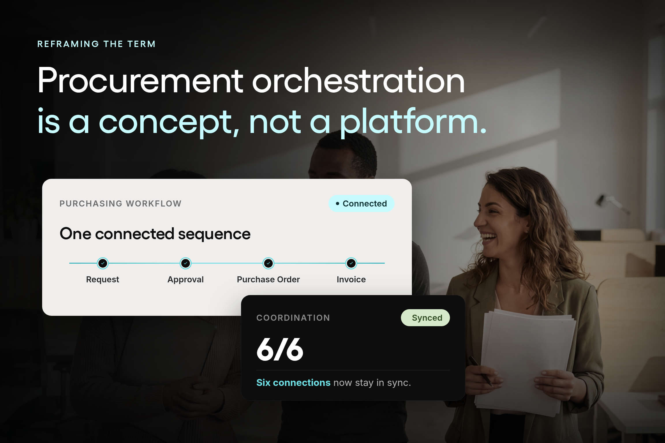 Hero graphic defining procurement orchestration as a concept, not a platform, with a connected request-to-invoice workflow and a six-of-six coordination score