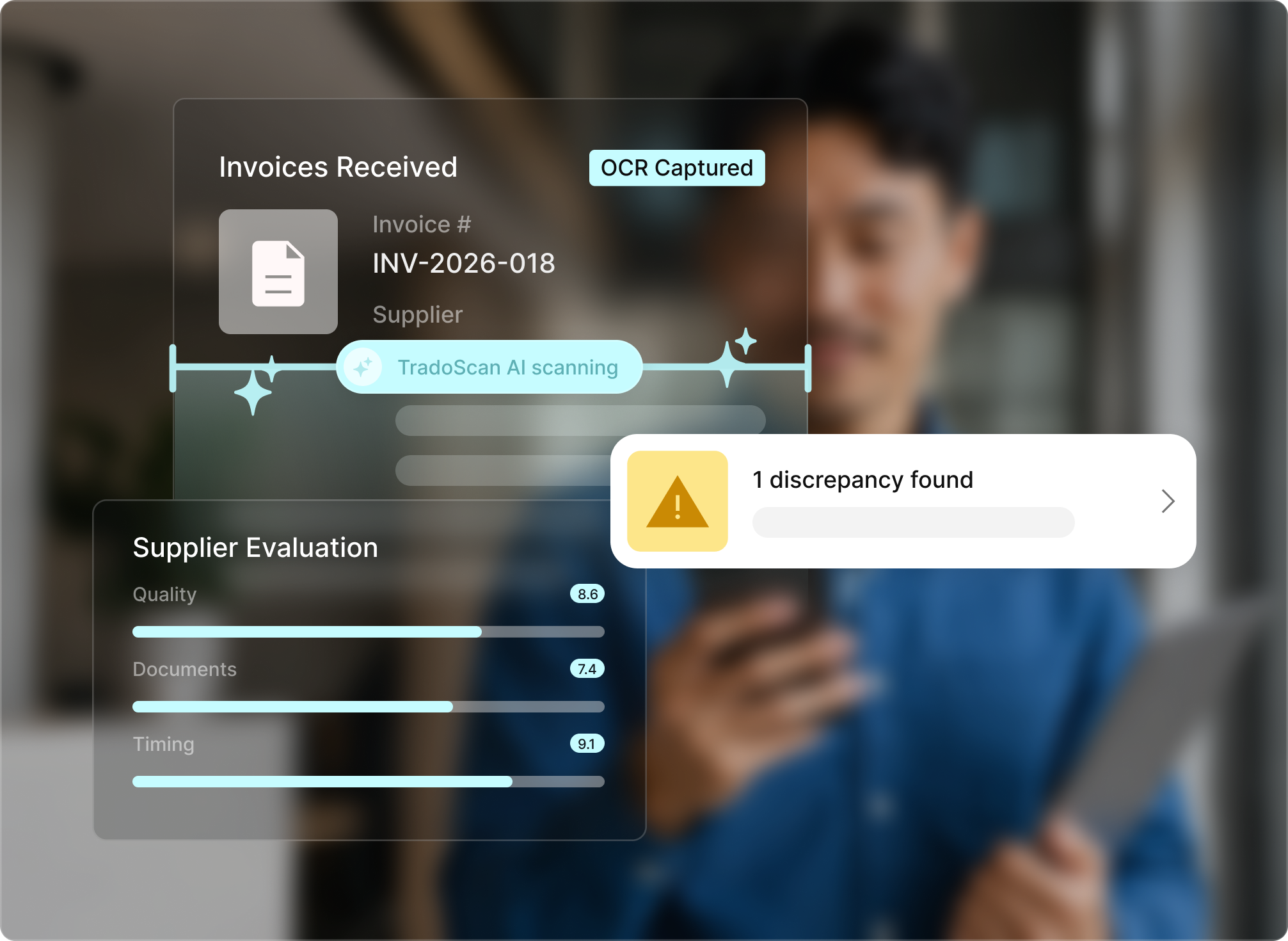 Tradogram interface showing an invoice captured by OCR and scanned by TradoScan AI, flagging one discrepancy found alongside a supplier evaluation scorecard rating quality, documents, and timing.