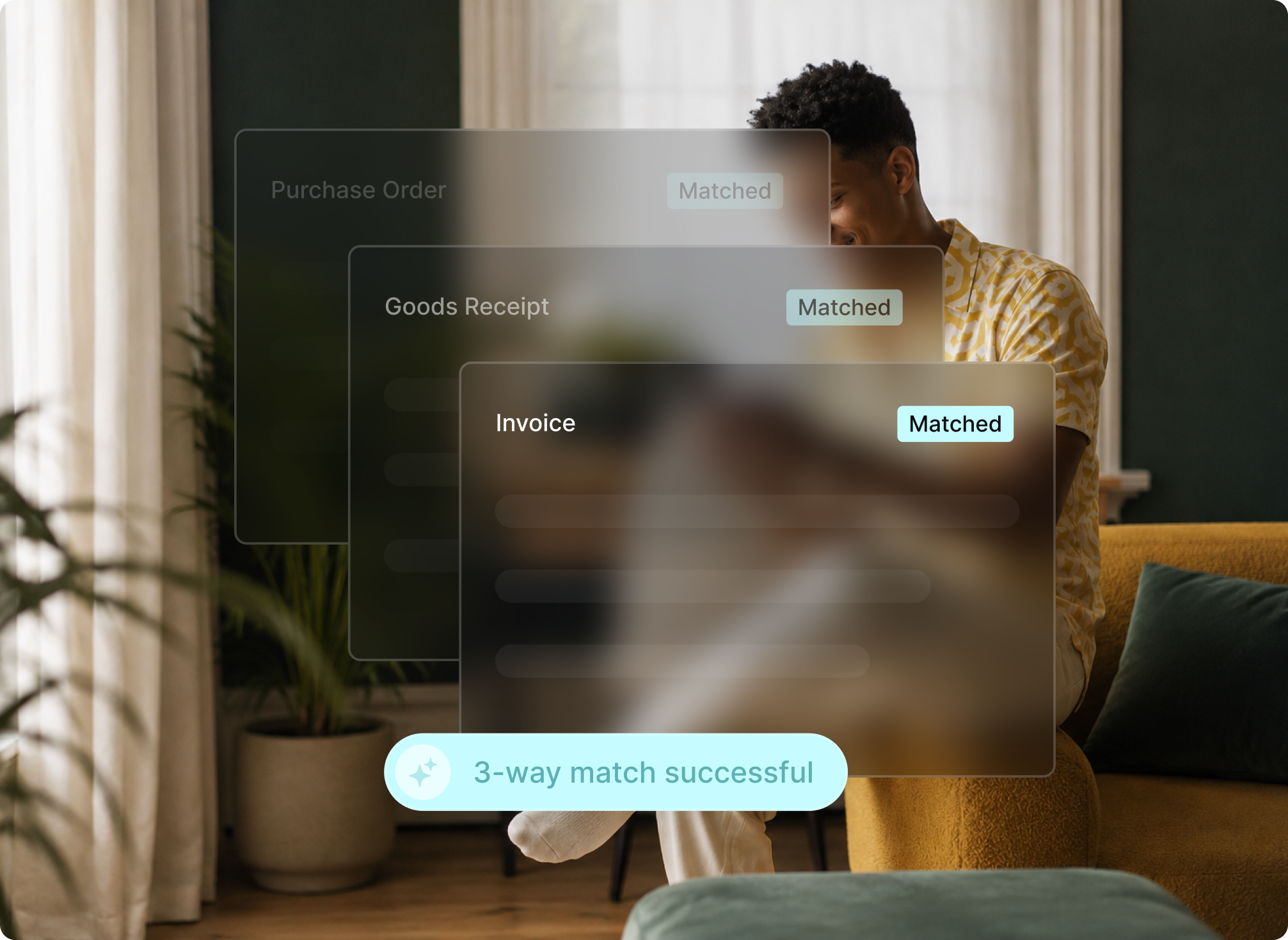 Purchase order, goods receipt, and invoice each marked "Matched," with a 3-way match successful confirmation banner.
