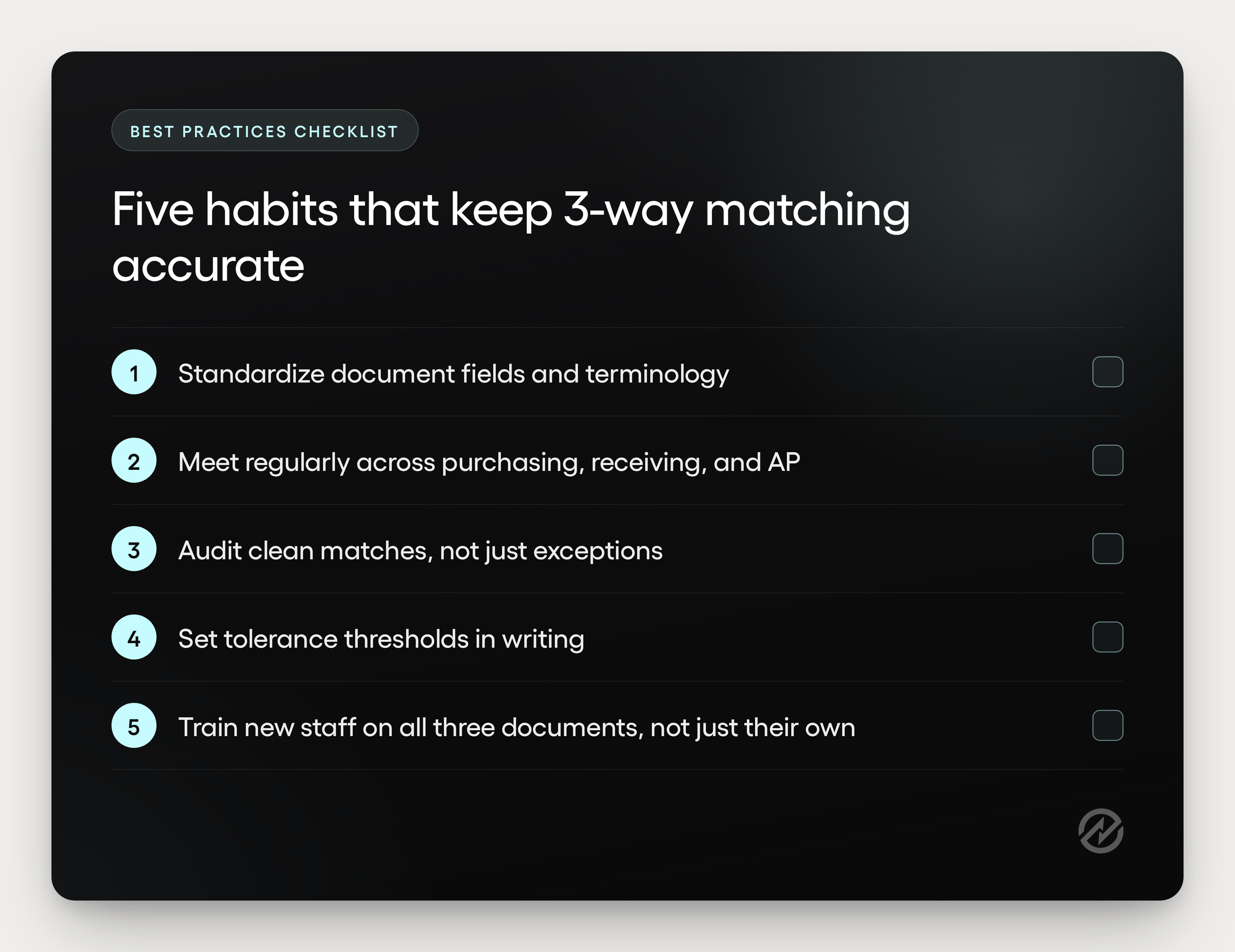 Checklist graphic listing five best practices for accurate 3-way matching in accounts payable