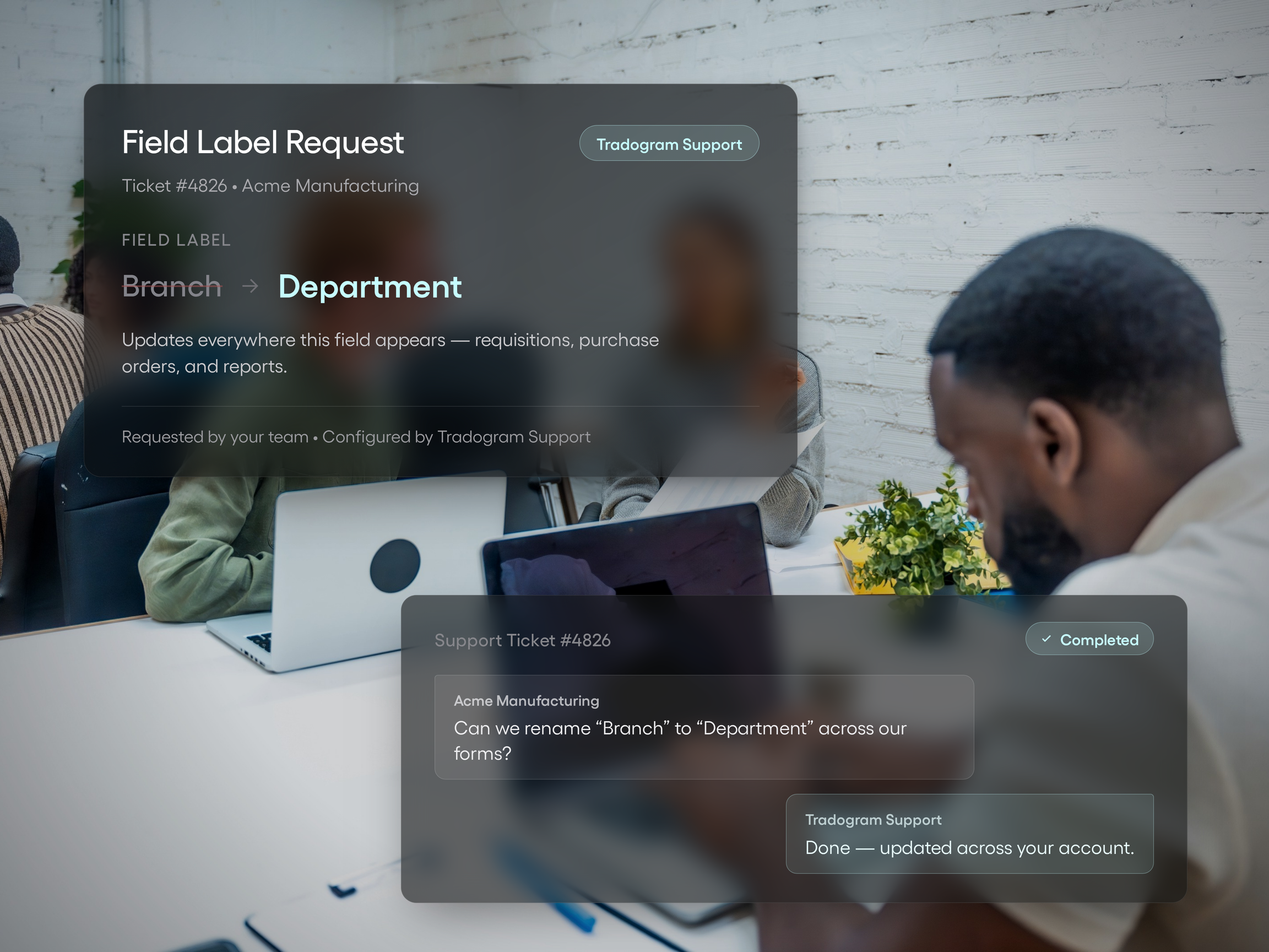 Tradogram field settings screen showing an administrator requesting the "Branch" field label be renamed to "Department"