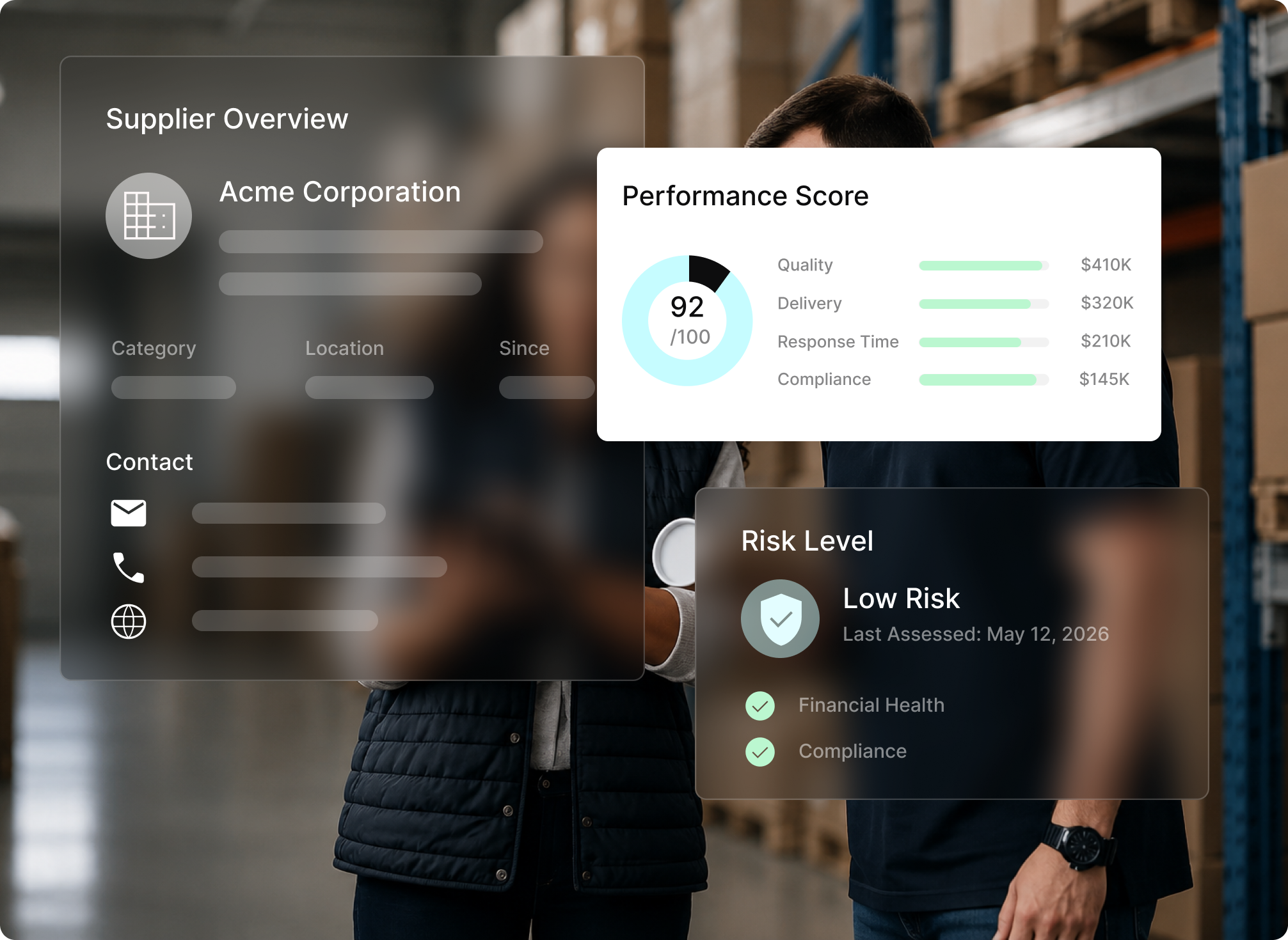 Tradogram supplier management software showing a supplier profile, performance score, and risk level