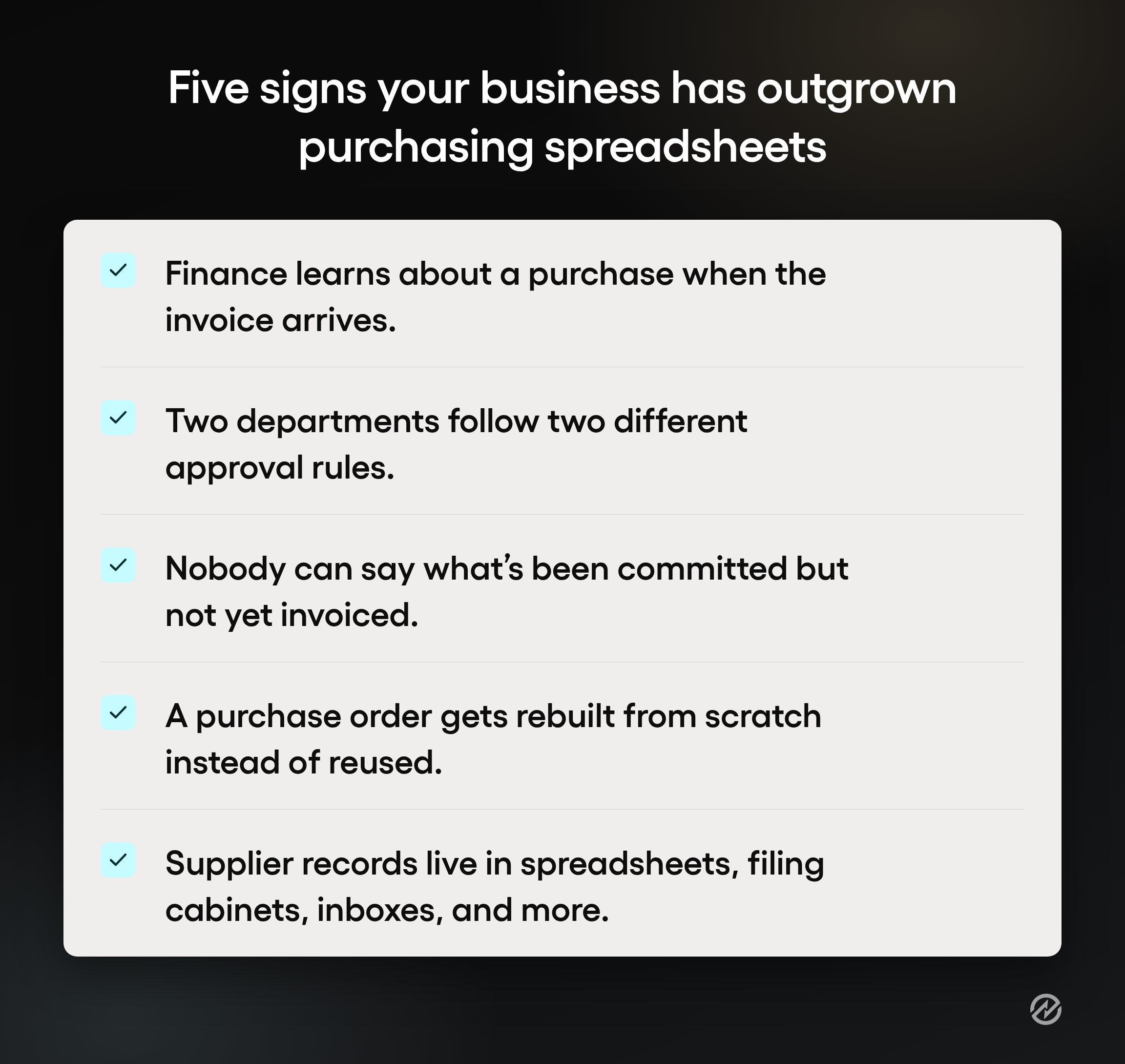 A five-item checklist graphic listing signs that an organization has outgrown spreadsheet-based purchasing.