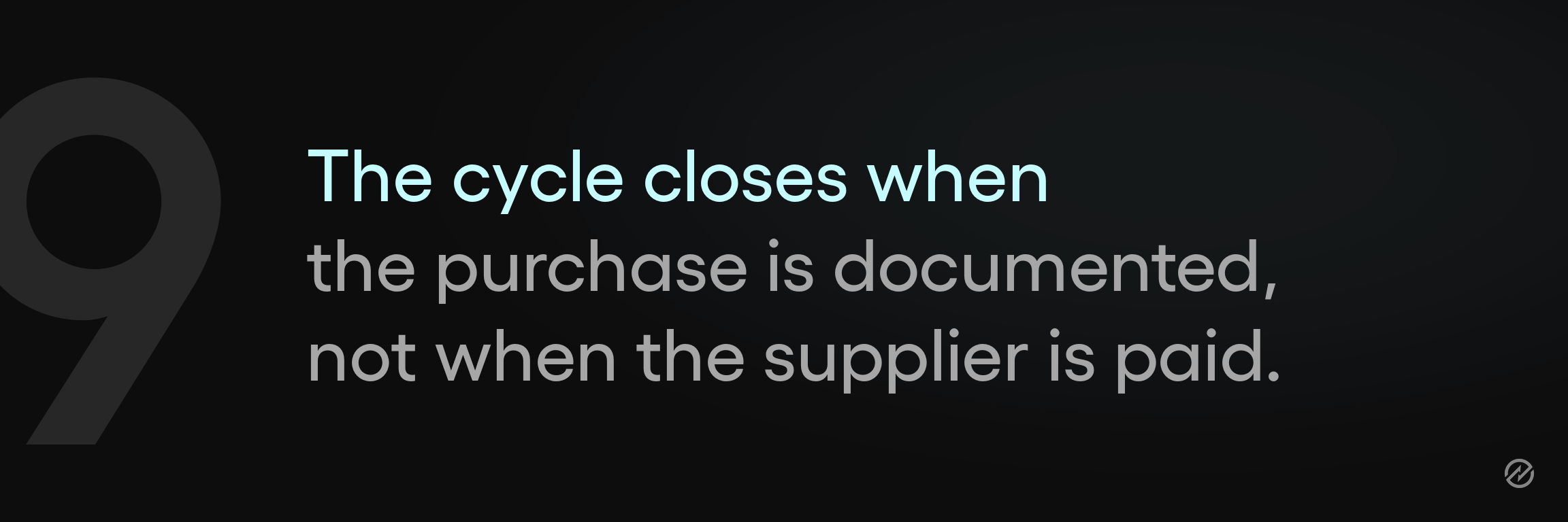 A banner graphic for step nine of the procurement process, noting that a purchase is complete only once it is documented and reviewed.