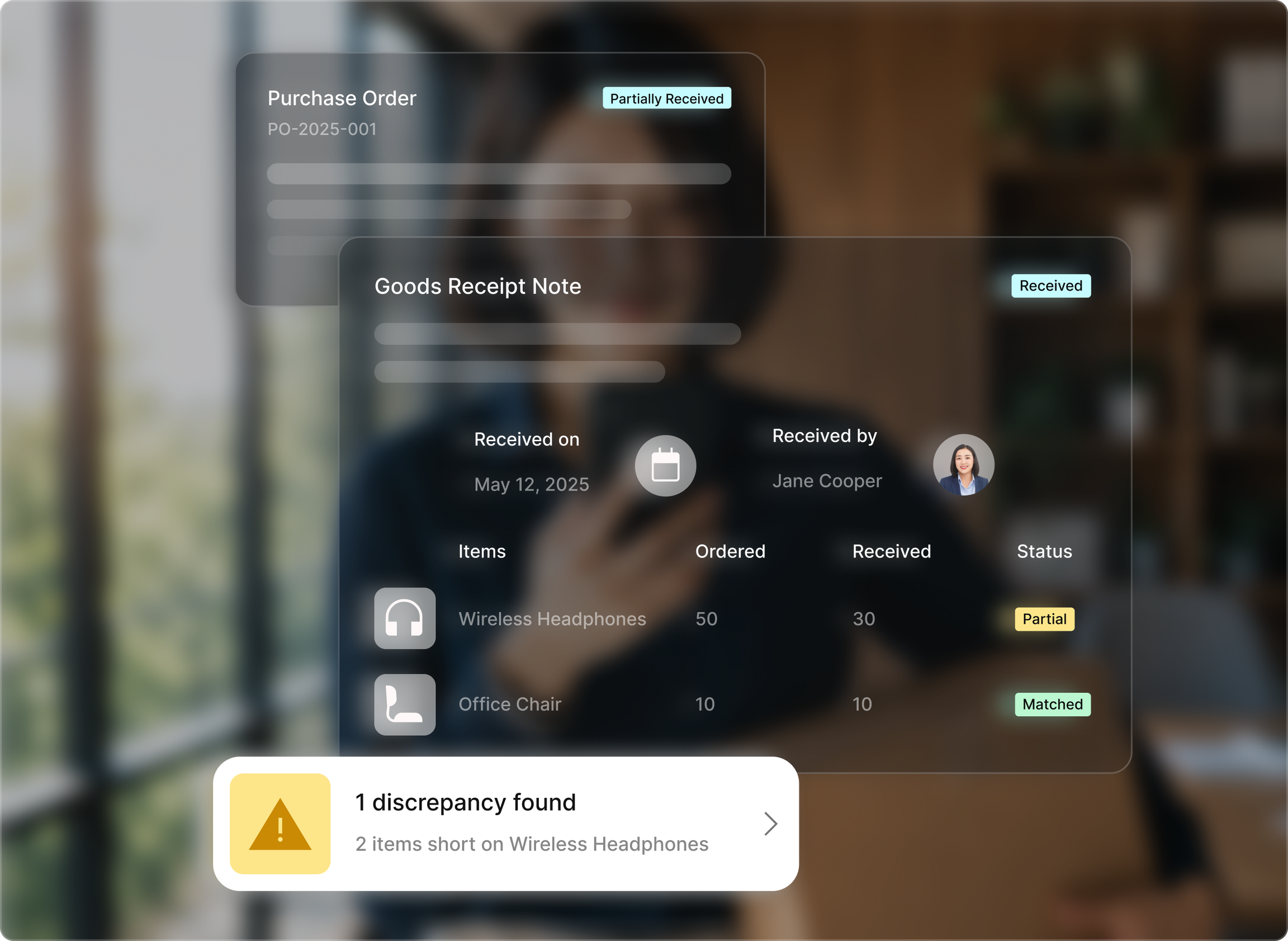 Receiving management software confirming a delivery line by line against an open purchase order, with a partial receipt and outstanding items recorded.