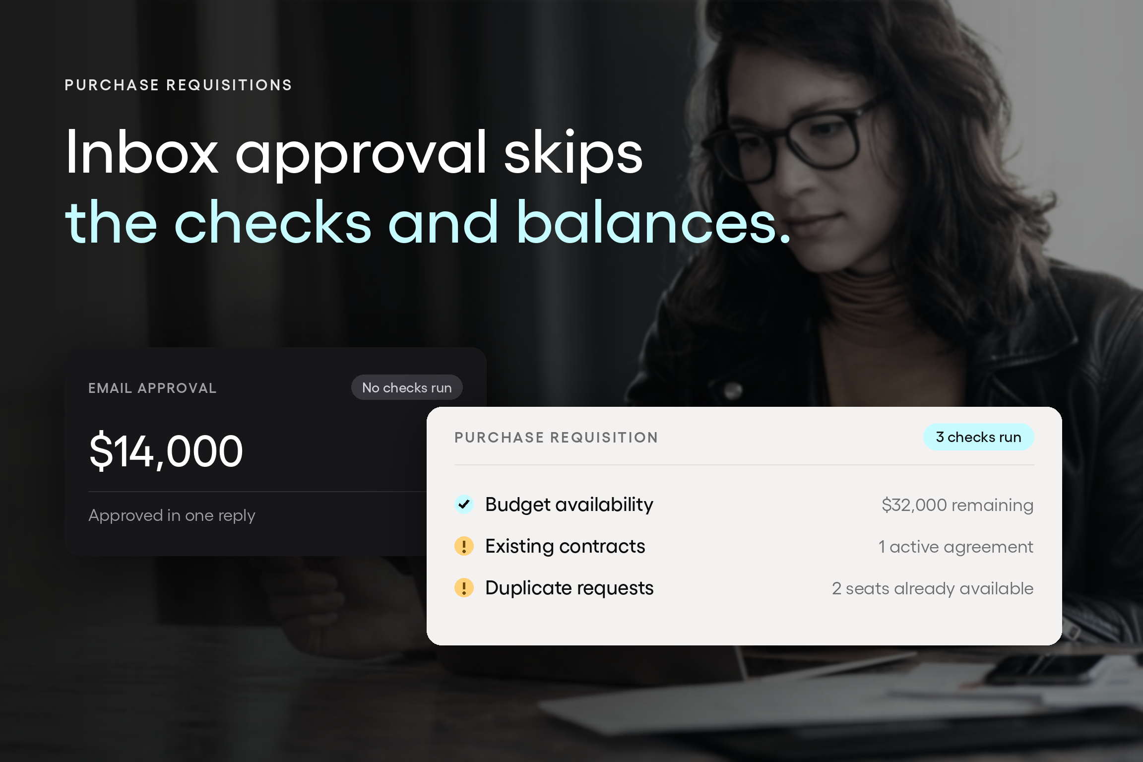 An email approval of $14,000 with no checks run, beside a purchase requisition card running three checks on budget, existing contracts, and available duplicate licenses.