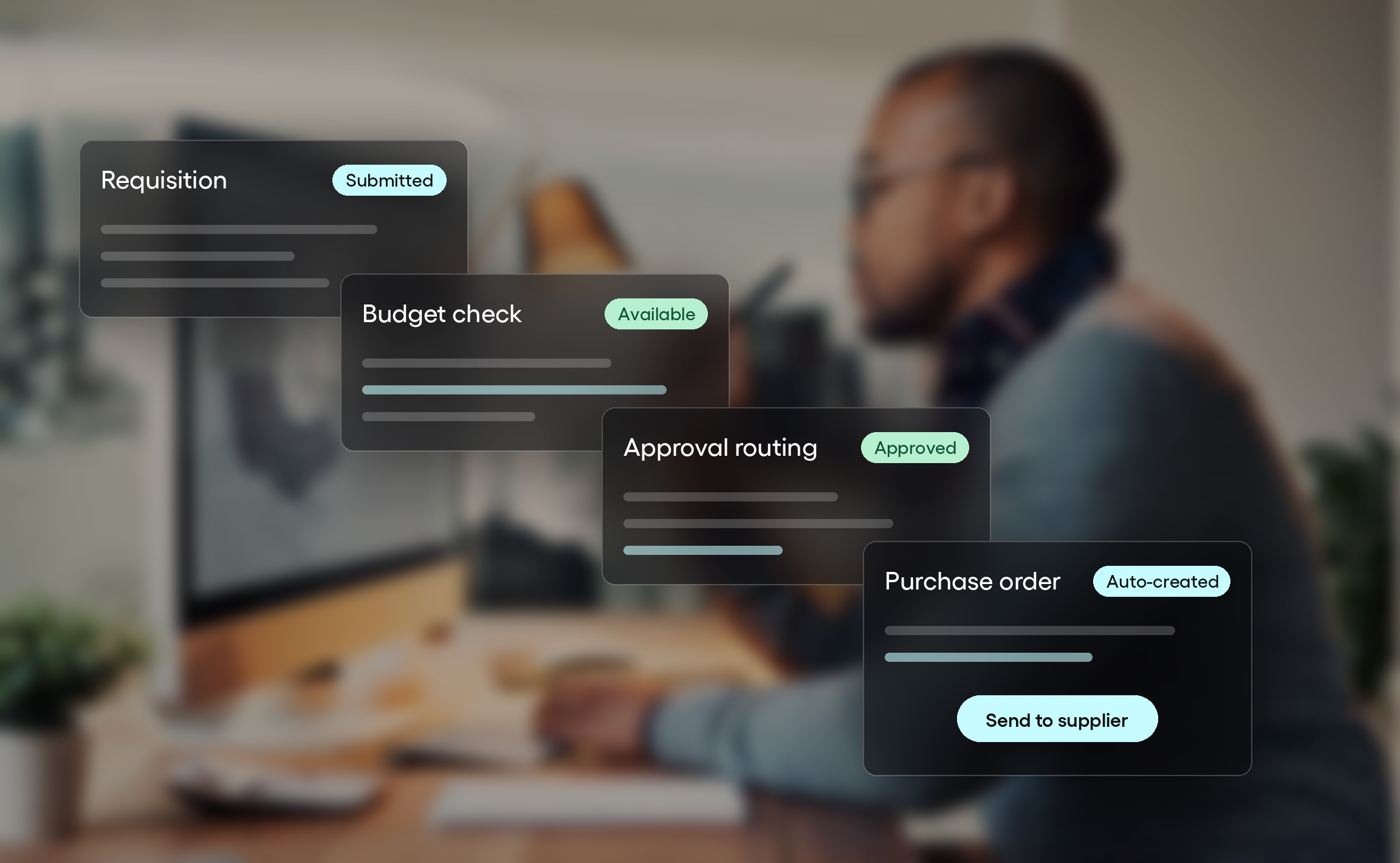 Tradogram interface showing a purchase requisition moving from submission through budget check and approval to an automatically created purchase order.