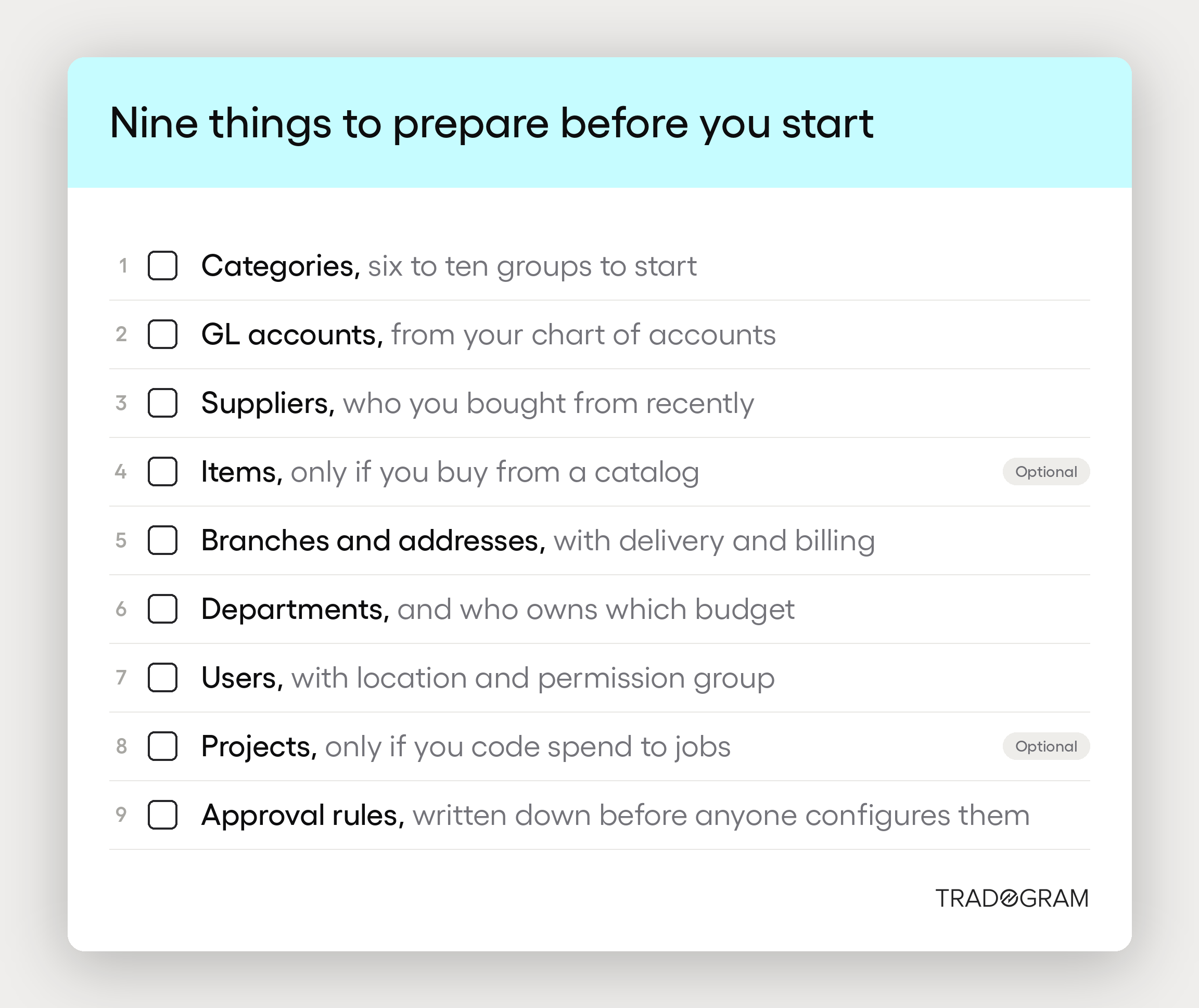 Nine things to prepare before moving purchasing off spreadsheets, from categories through approval rules.