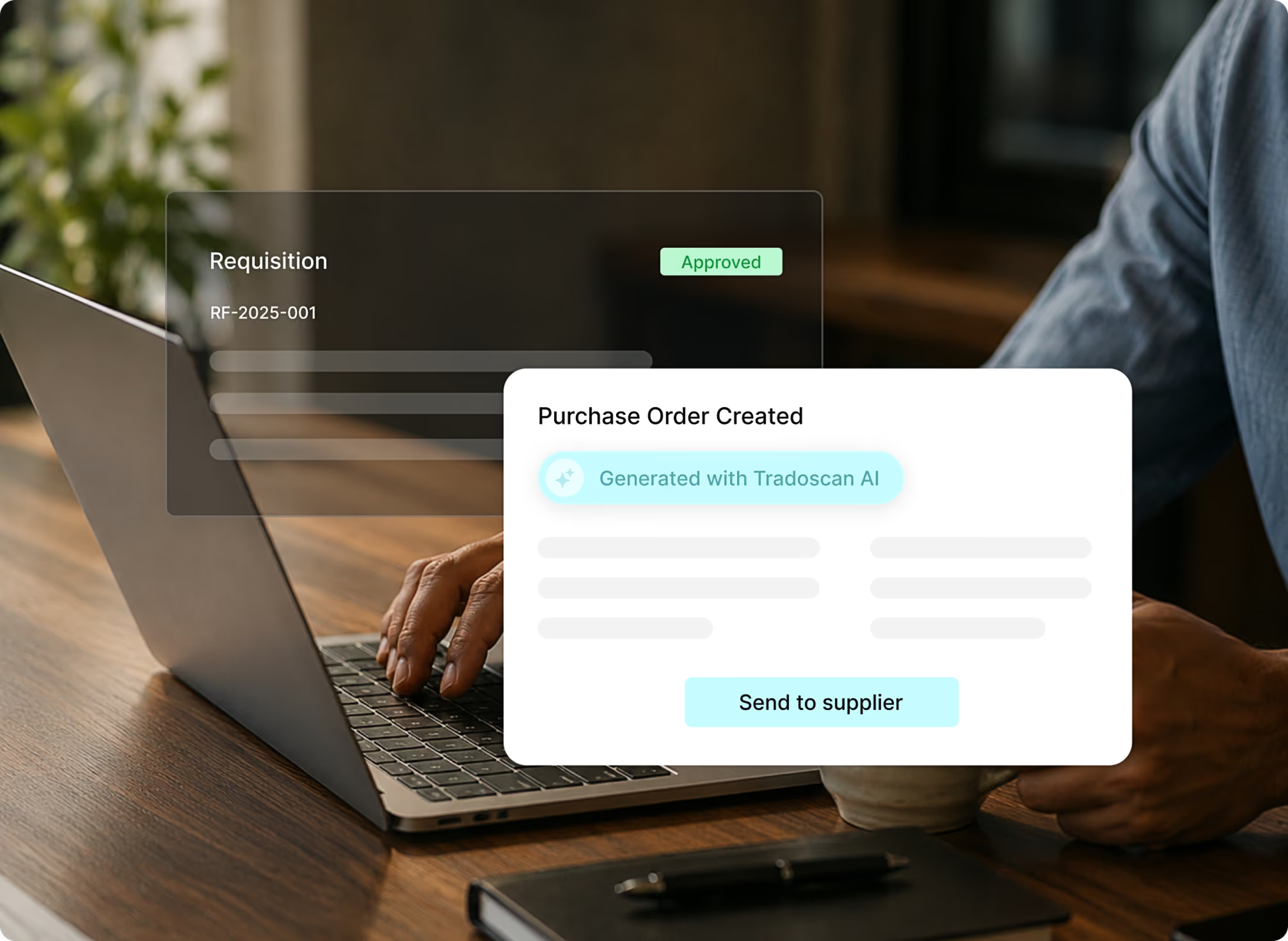 A screenshot showing a purchase order automatically being created from an approved requisition using the Tradogram procurement platform.