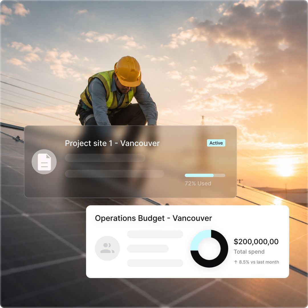 Tradogram project site and operations budget cards over a solar installation, showing Vancouver site spend at 72% of budget used.