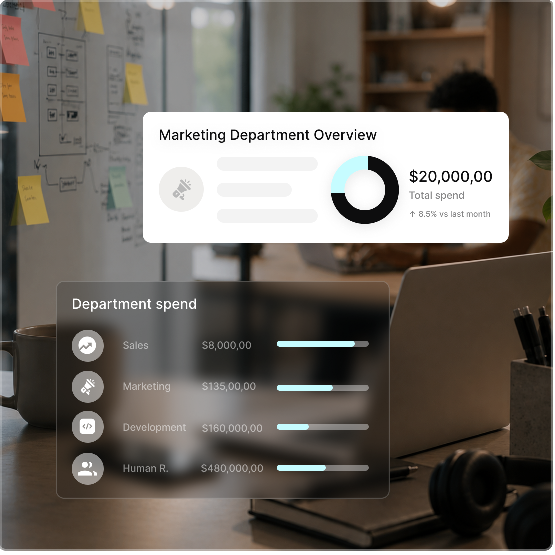 Tradogram department overview and department spend cards over a technology workspace, showing committed spend across sales, marketing, development, and human resources.