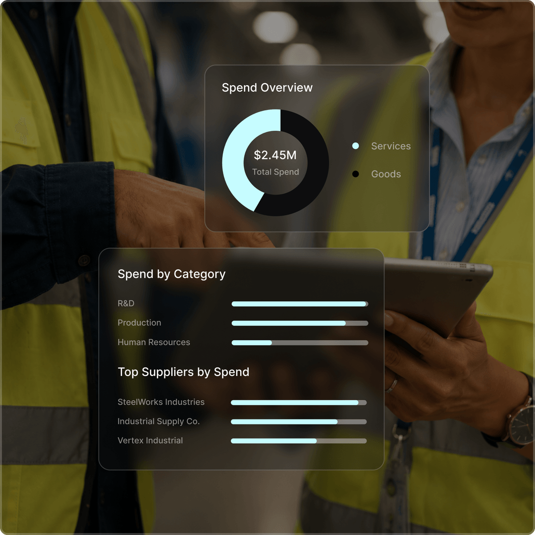 Tradogram spend overview and spend by category cards over a manufacturing floor, showing $2.45M split between goods and services with top suppliers ranked beneath.