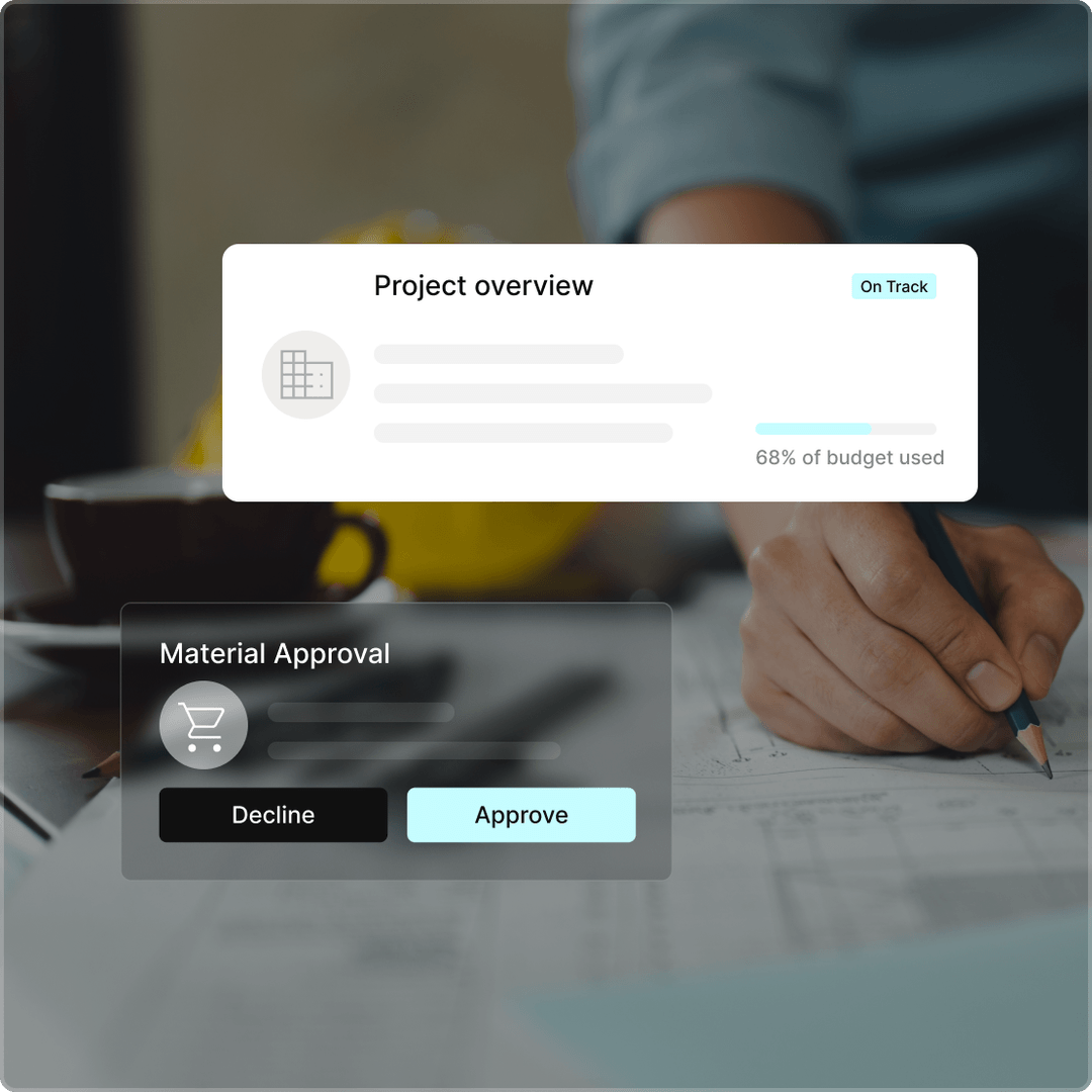Tradogram project overview and material approval cards over a set of construction drawings, showing a job at 68% of budget with a material request awaiting a decision.