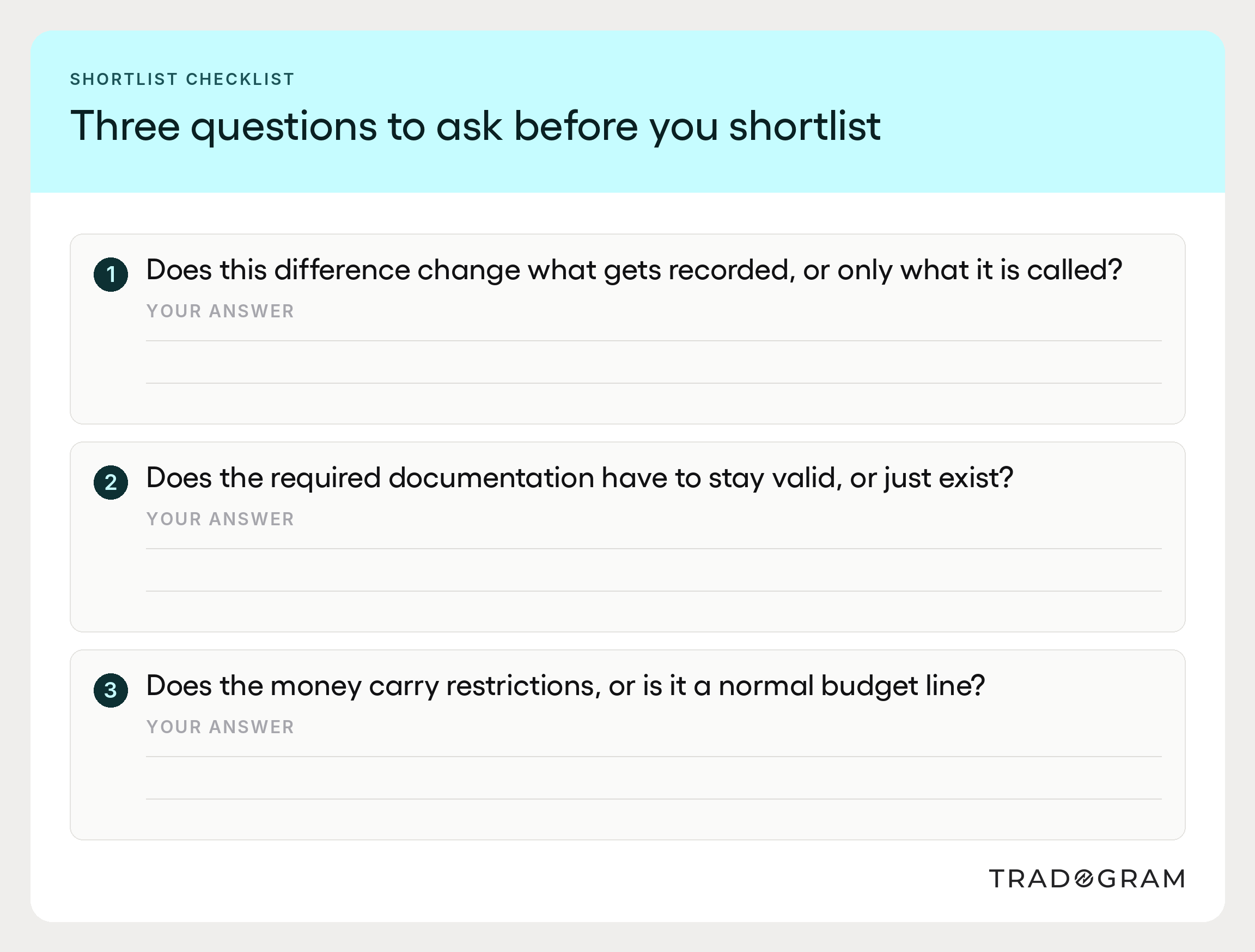 Three questions to ask before shortlisting procurement software for your industry, covering record structure, documentation validity, and funding restrictions.