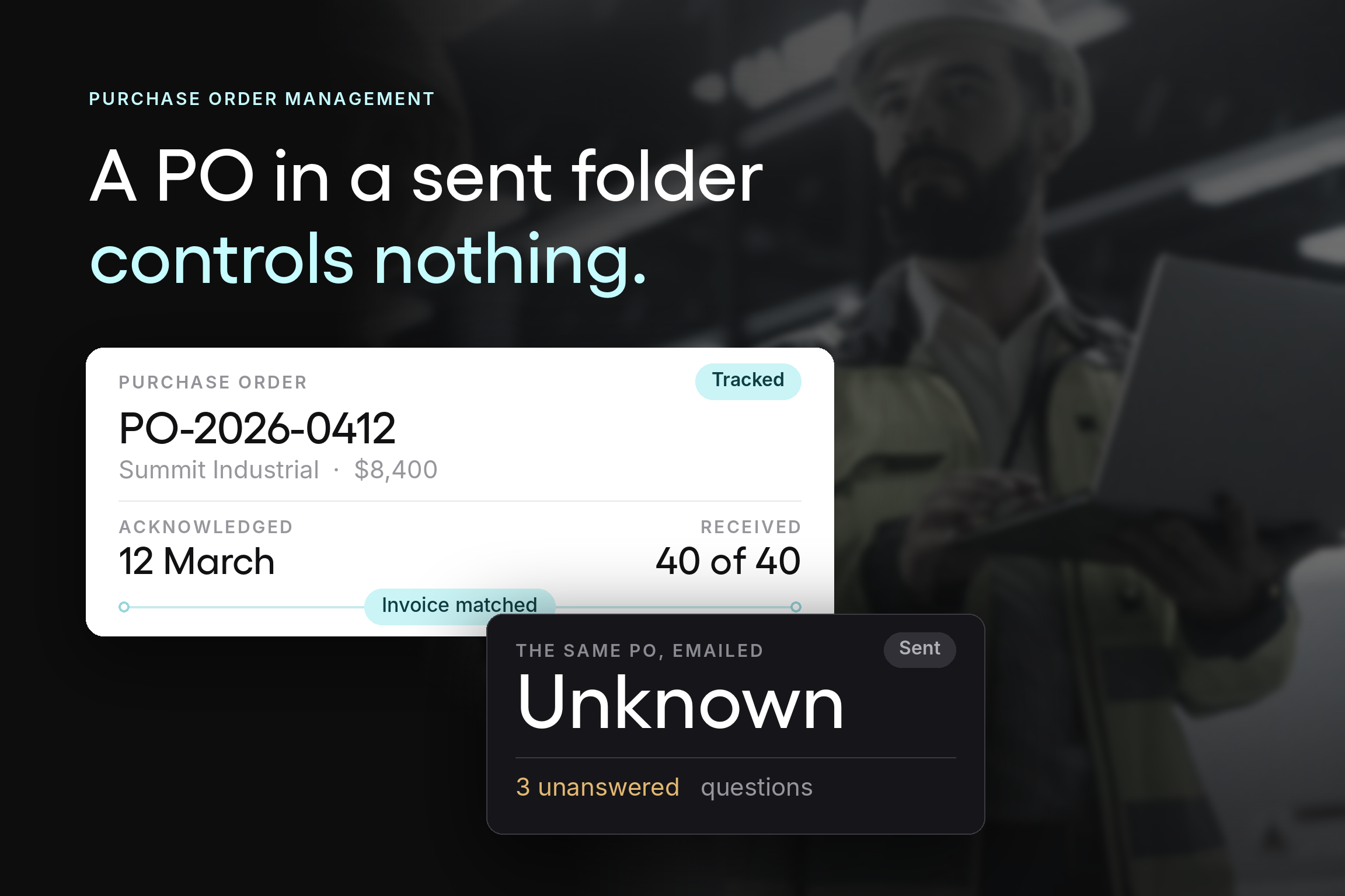 The same purchase order shown twice, tracked in a system with acknowledgment, receipt, and invoice match recorded, and sitting in an inbox with all three unknown.