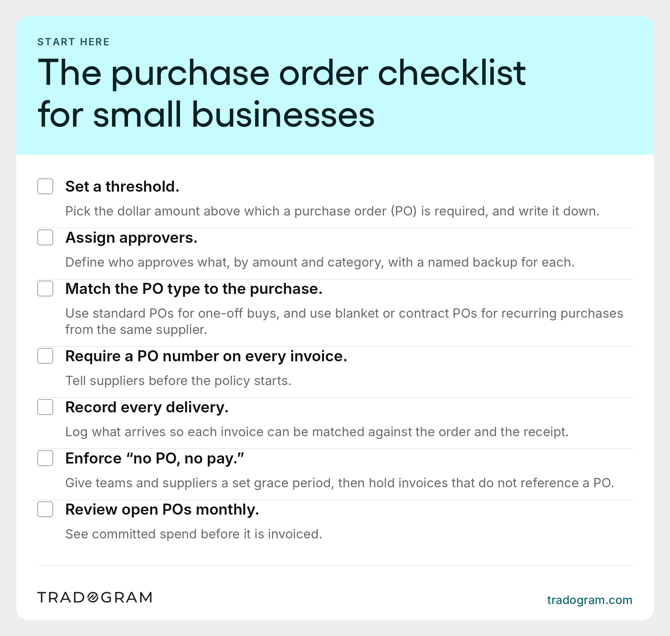 Printable seven-item checklist for setting up a purchase order process in a small business