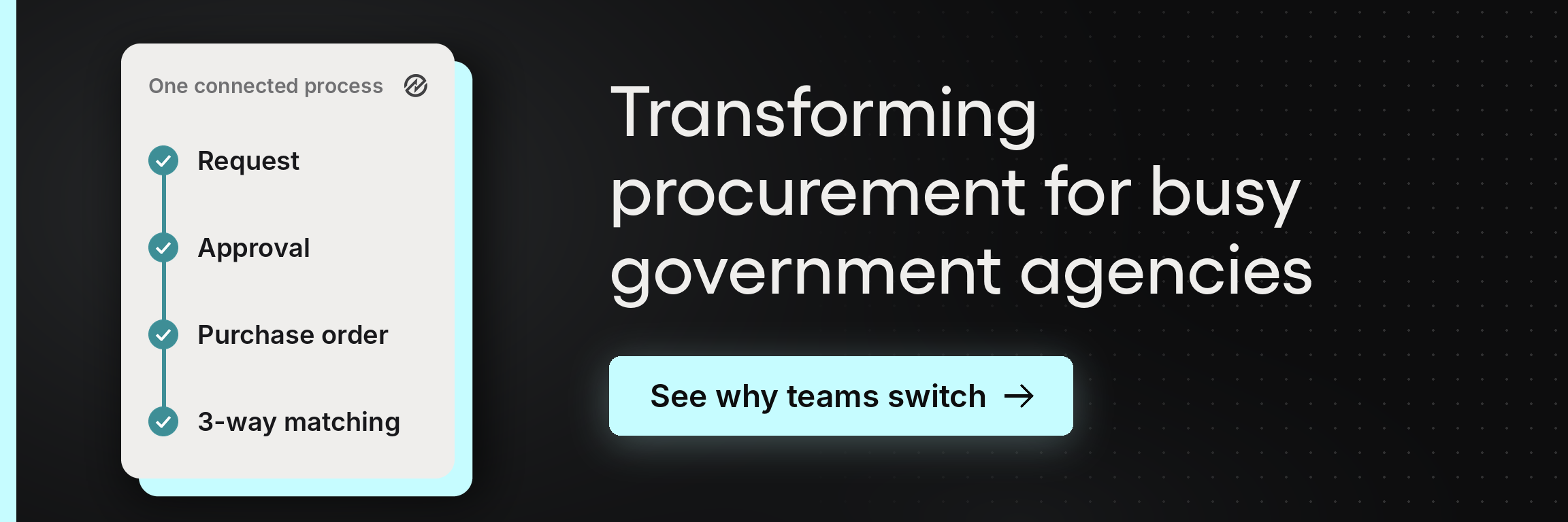Banner showing Tradogram's connected procurement process, request through invoice and payment, with the headline "Transforming procurement for busy government agencies.