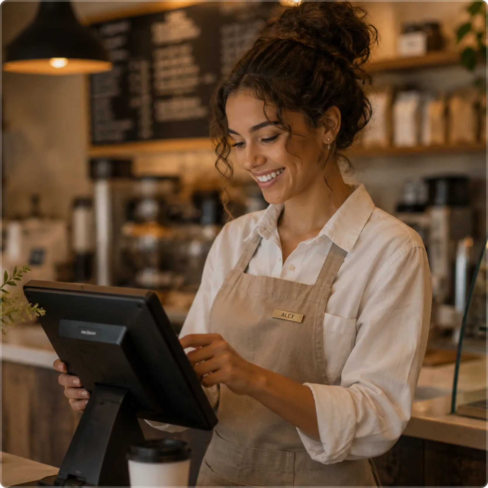 Hospitality staff member using a point-of-sale system in a cafe, representing consistent purchasing standards across locations.