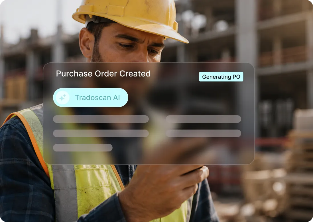 Tradogram construction purchase order software showing AI-assisted purchase order creation on a tablet at a job site.