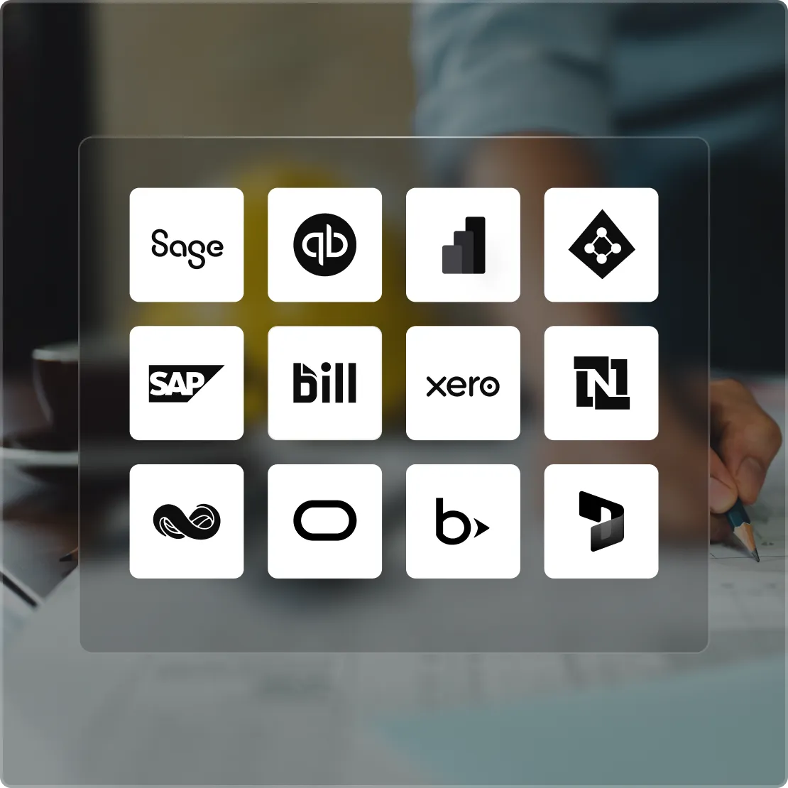 Tradogram construction procurement software showing accounting and ERP integration options including Sage, QuickBooks, SAP, Xero, and Microsoft Dynamics.