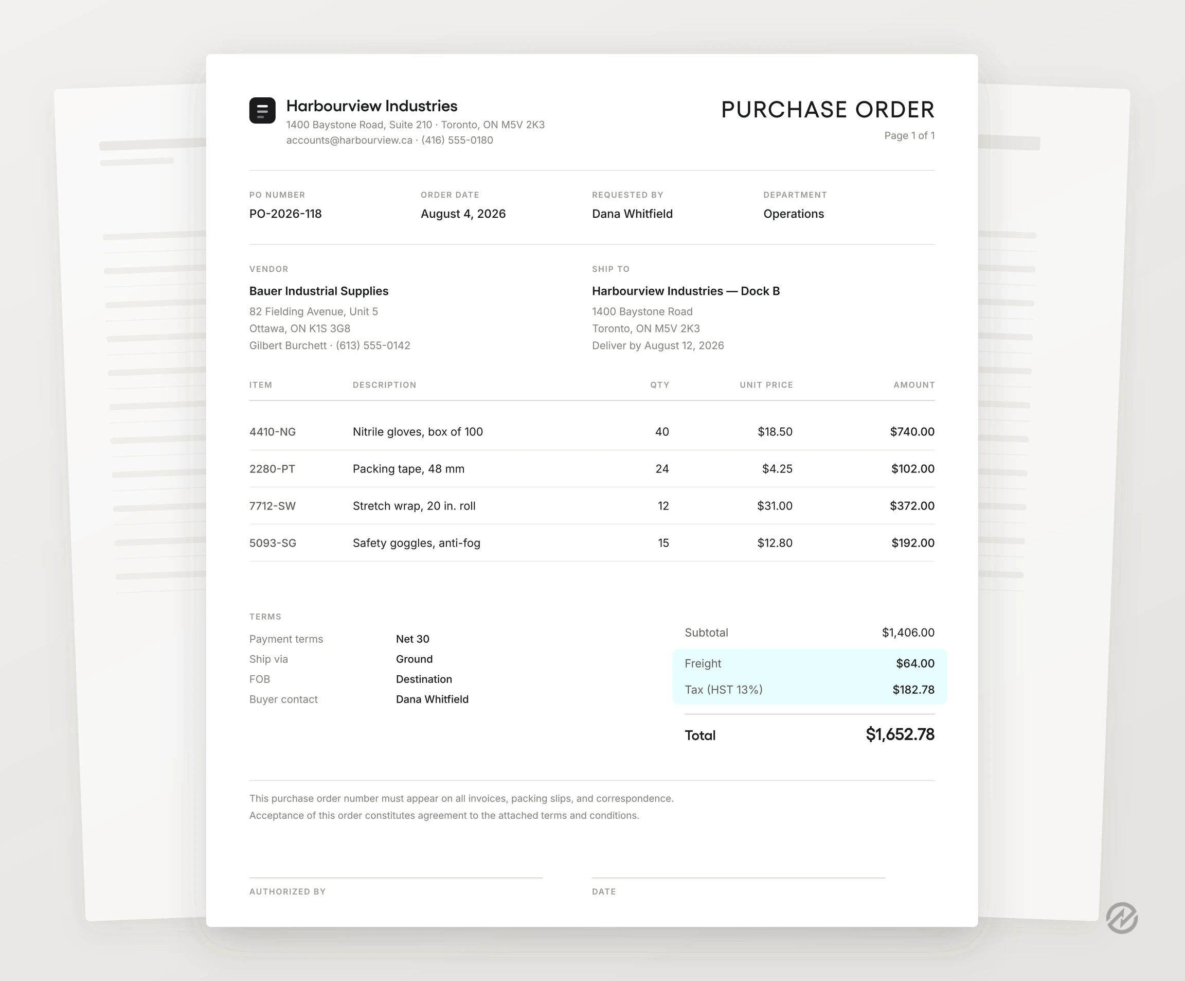 Example of a completed purchase order, showing buyer and seller details, PO number, order line items, and delivery terms.