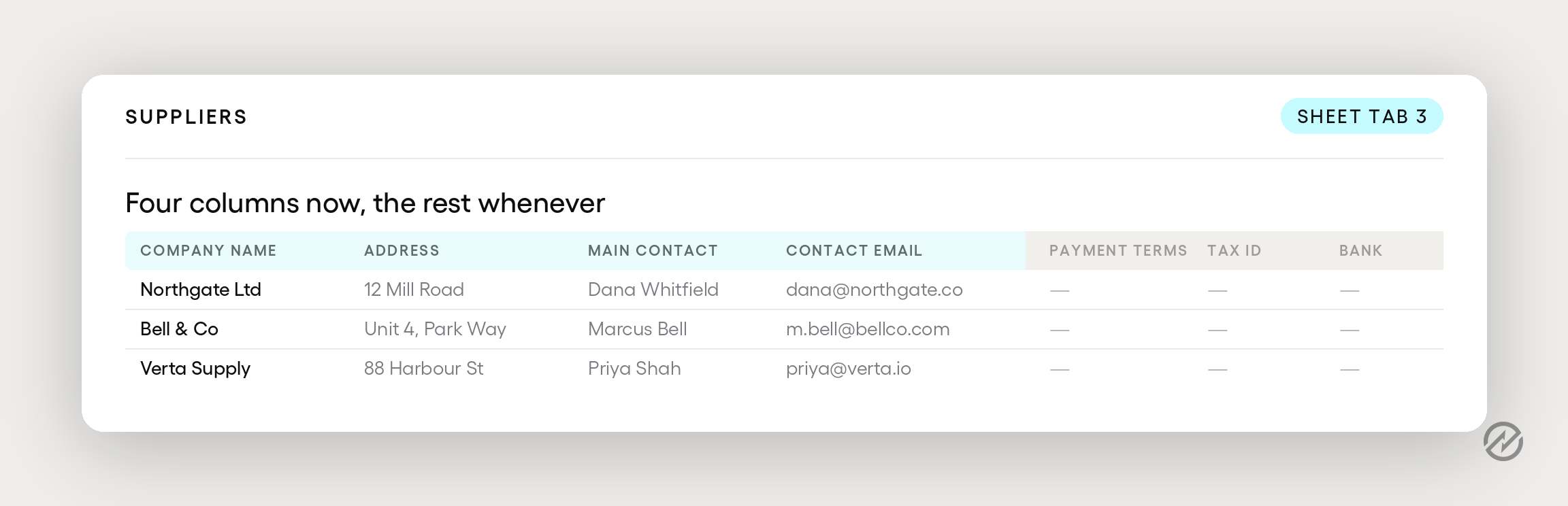 Supplier records with only name, address, and contact details completed, and payment and banking columns left empty for later.