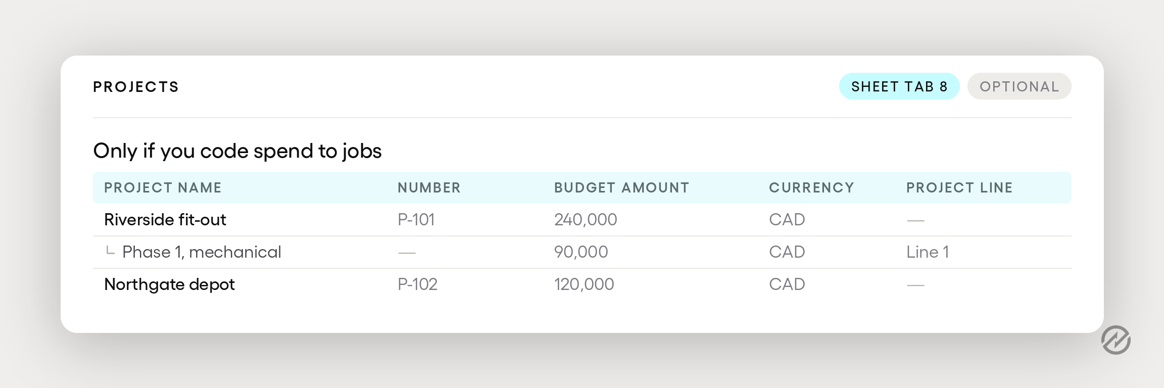Project records with budget amounts and project lines, marked as optional for teams that code spend to departments.